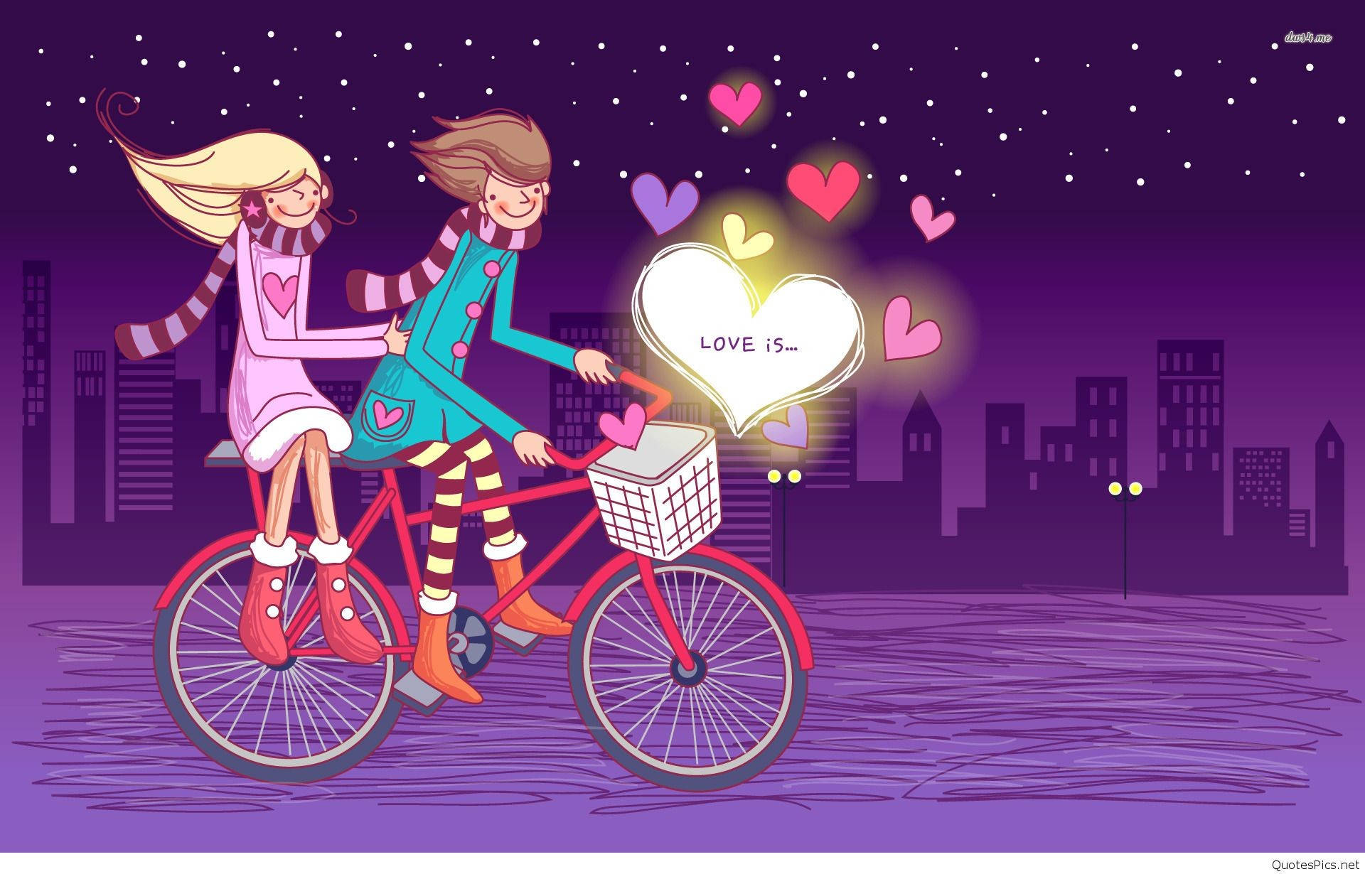 Animated Cartoon Couple, red bicycle, starry purple night sky, Full HD Desktop Wallpaper