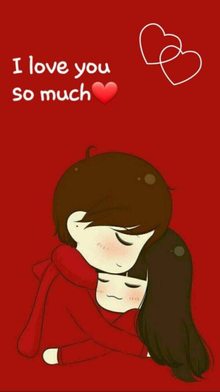 Cartoon Couple I Love You, solid red background, hearts, HD Phone Wallpaper