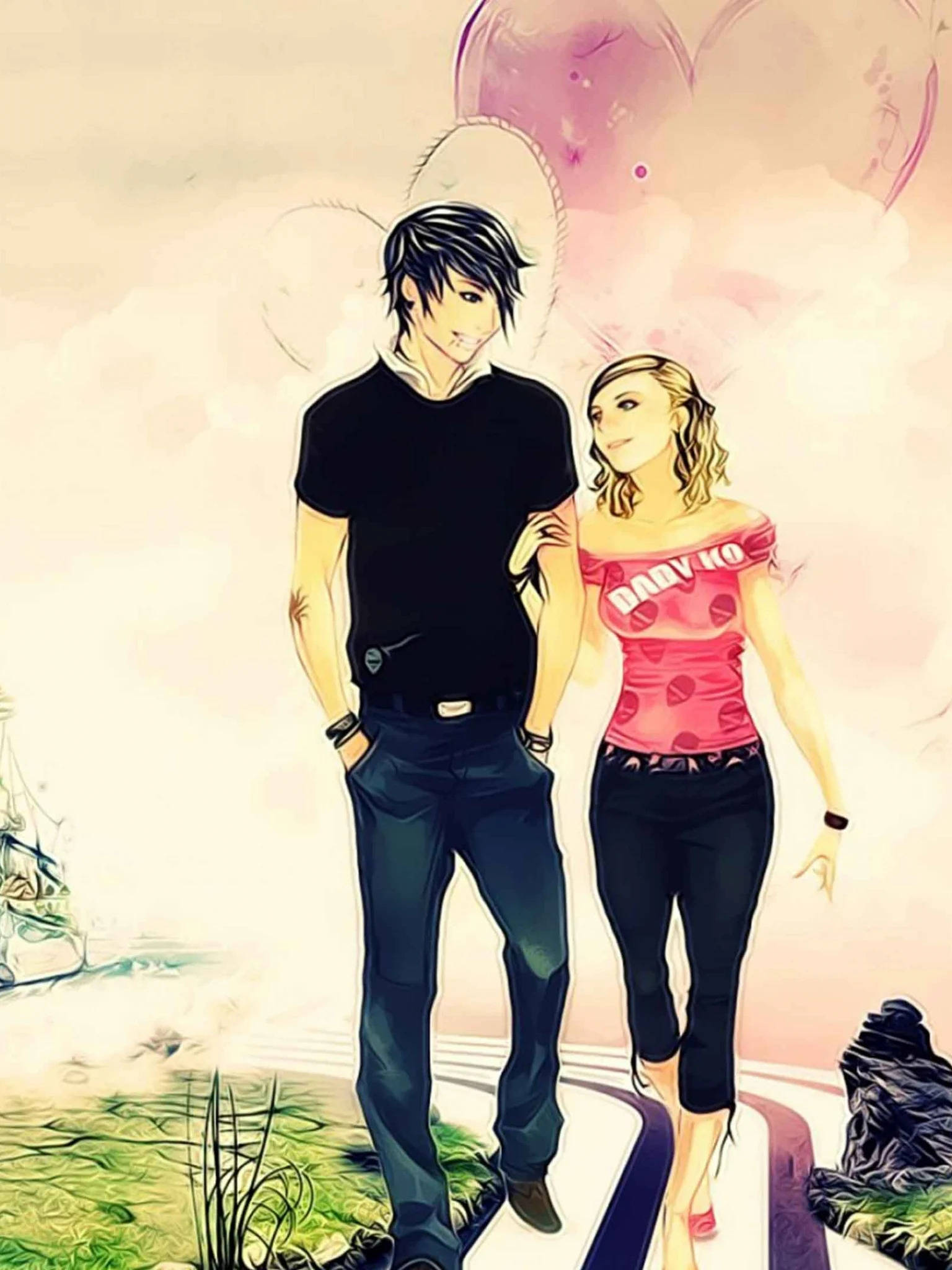 Cute Teen Cartoon Couple, pink clouds, heart-shaped balloons, Full HD Phone Wallpaper