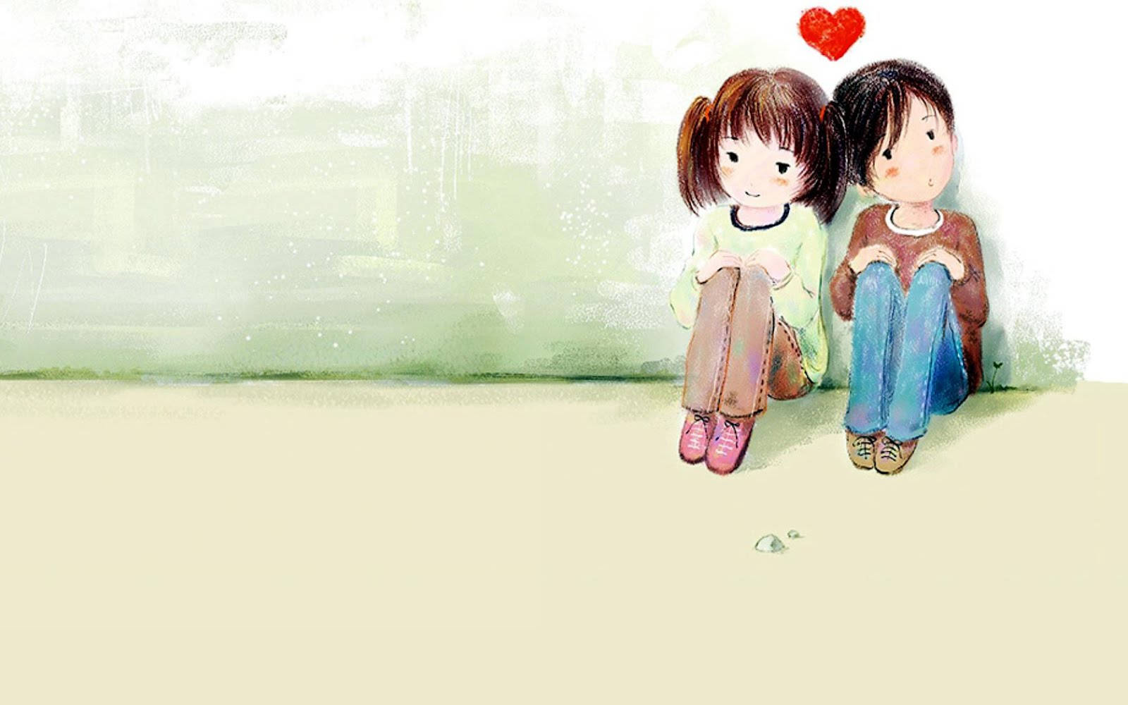 cute young cartoon couple, children, red heart, HD Desktop Wallpaper