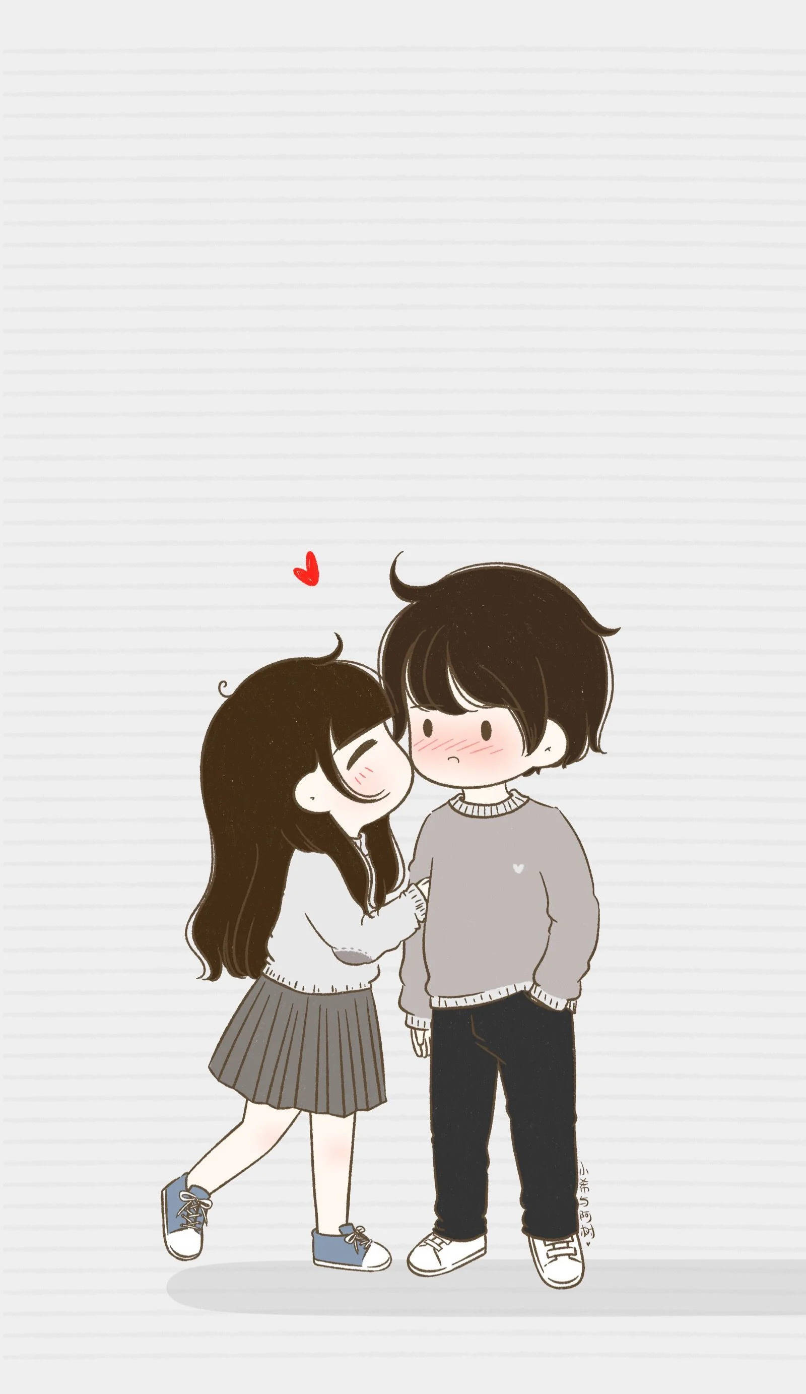 cute anime-style couple, floating heart, lined paper background, 2K Phone Wallpaper