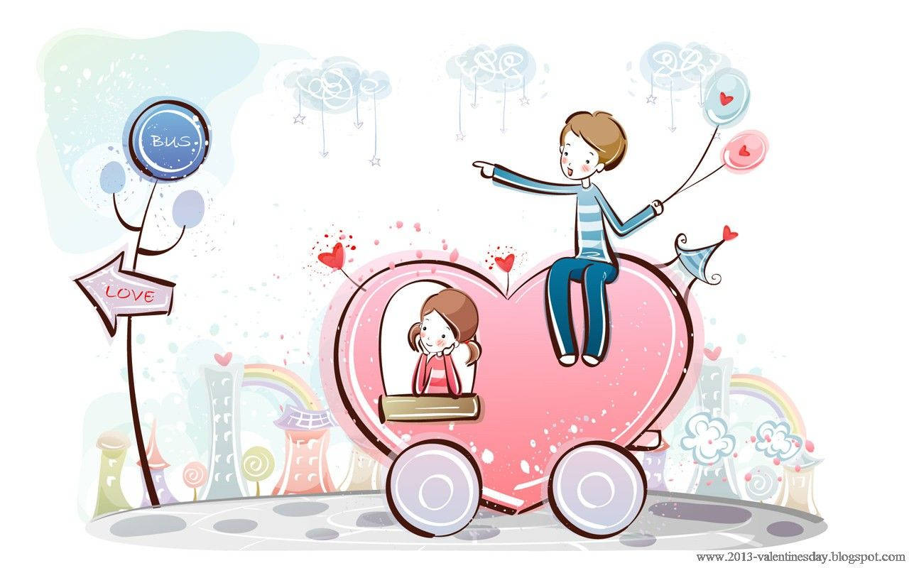 cartoon boy, pink heart-shaped bus, girl, HD Desktop Wallpaper