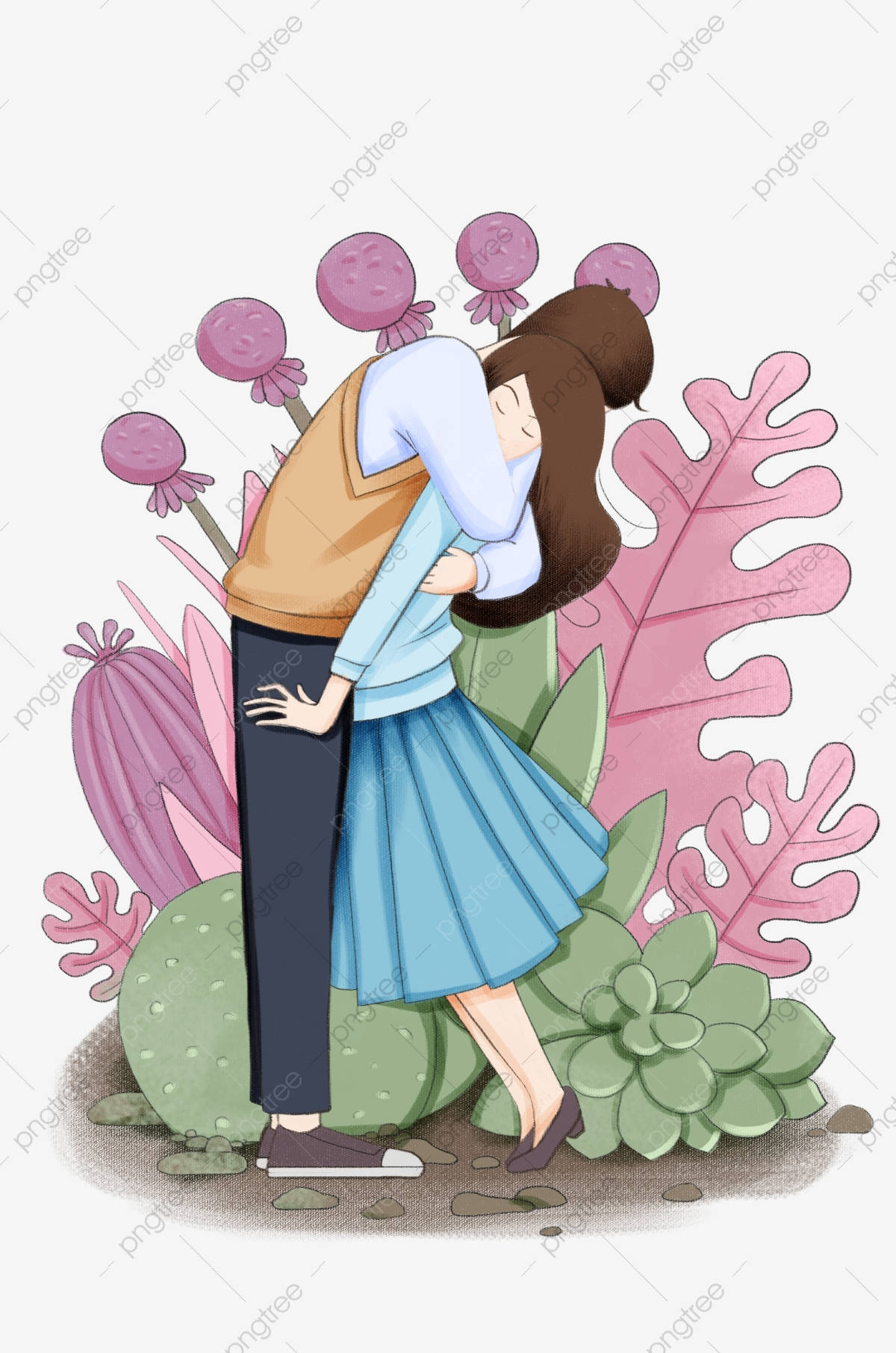 cute cartoon couple, pink succulents, green succulents, HD Phone Wallpaper
