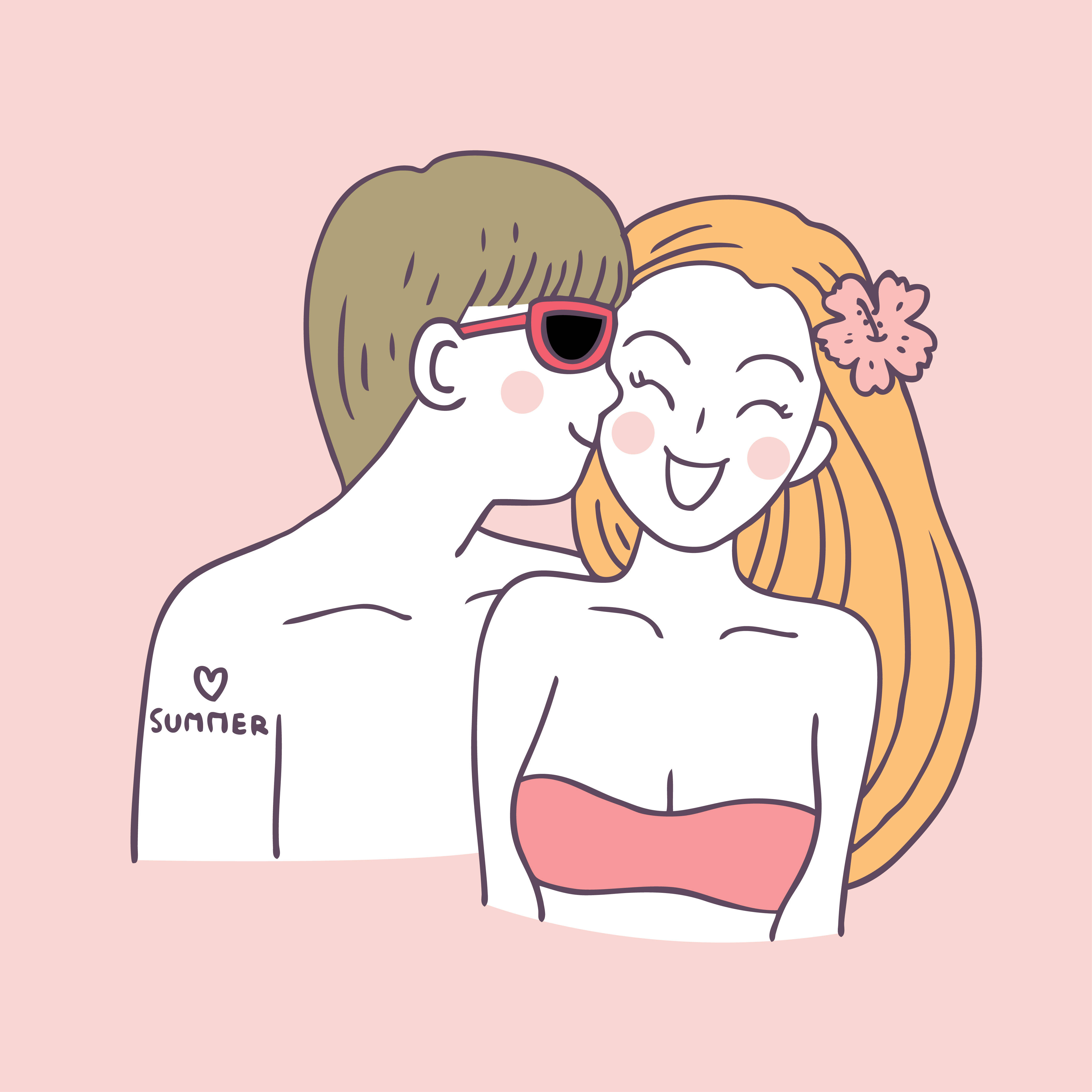 Cute Cartoon Couple, summer, soft pink summer skies, 4K Desktop Wallpaper