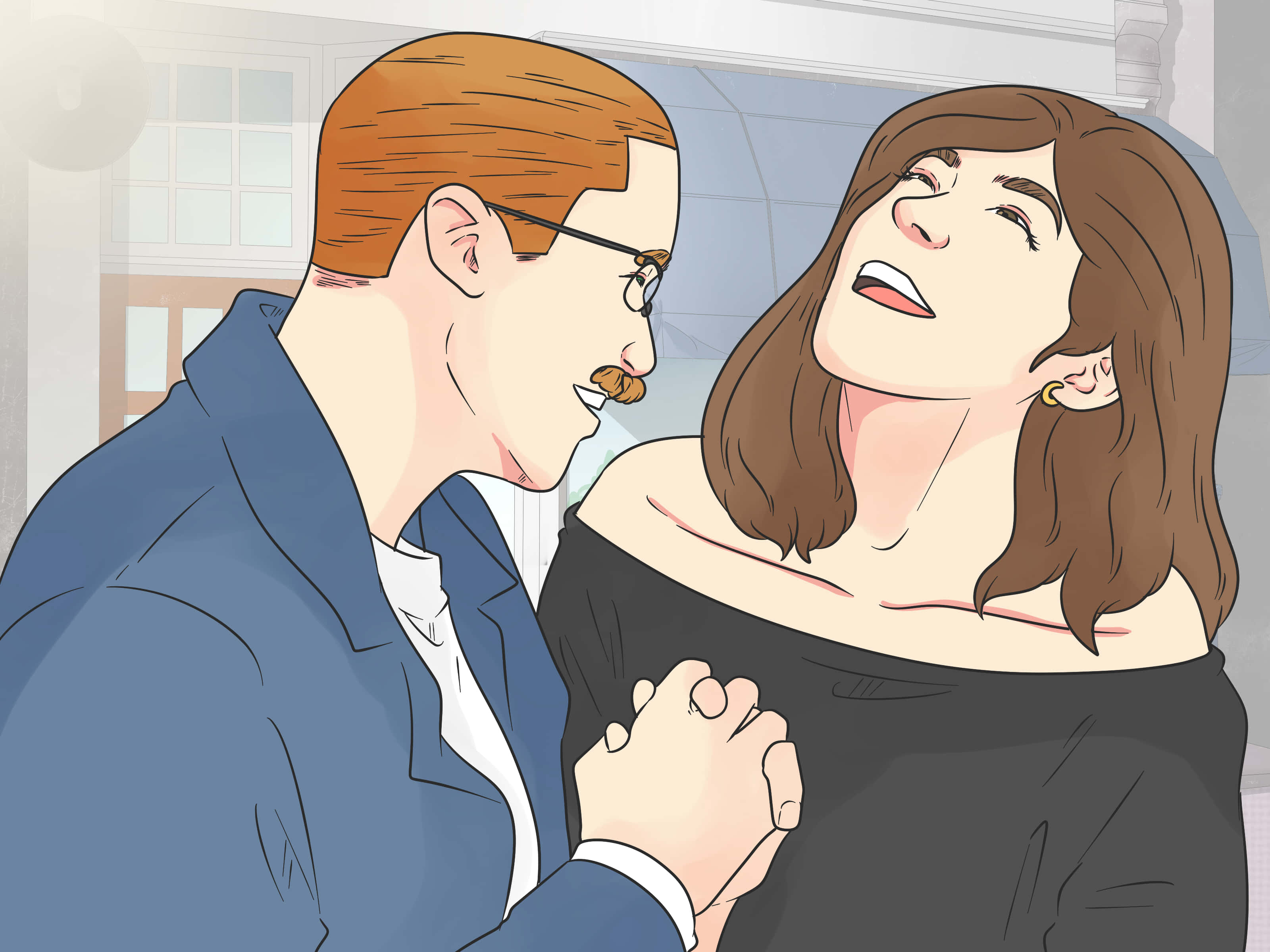 husband and wife cartoon, man with glasses and mustache, woman laughs joyfully, 2K Desktop Wallpaper