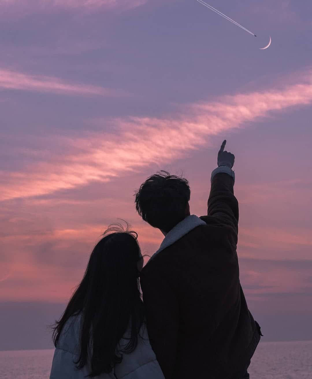 pink purple sunset sky, crescent moon, airplane trail, HD Phone Wallpaper