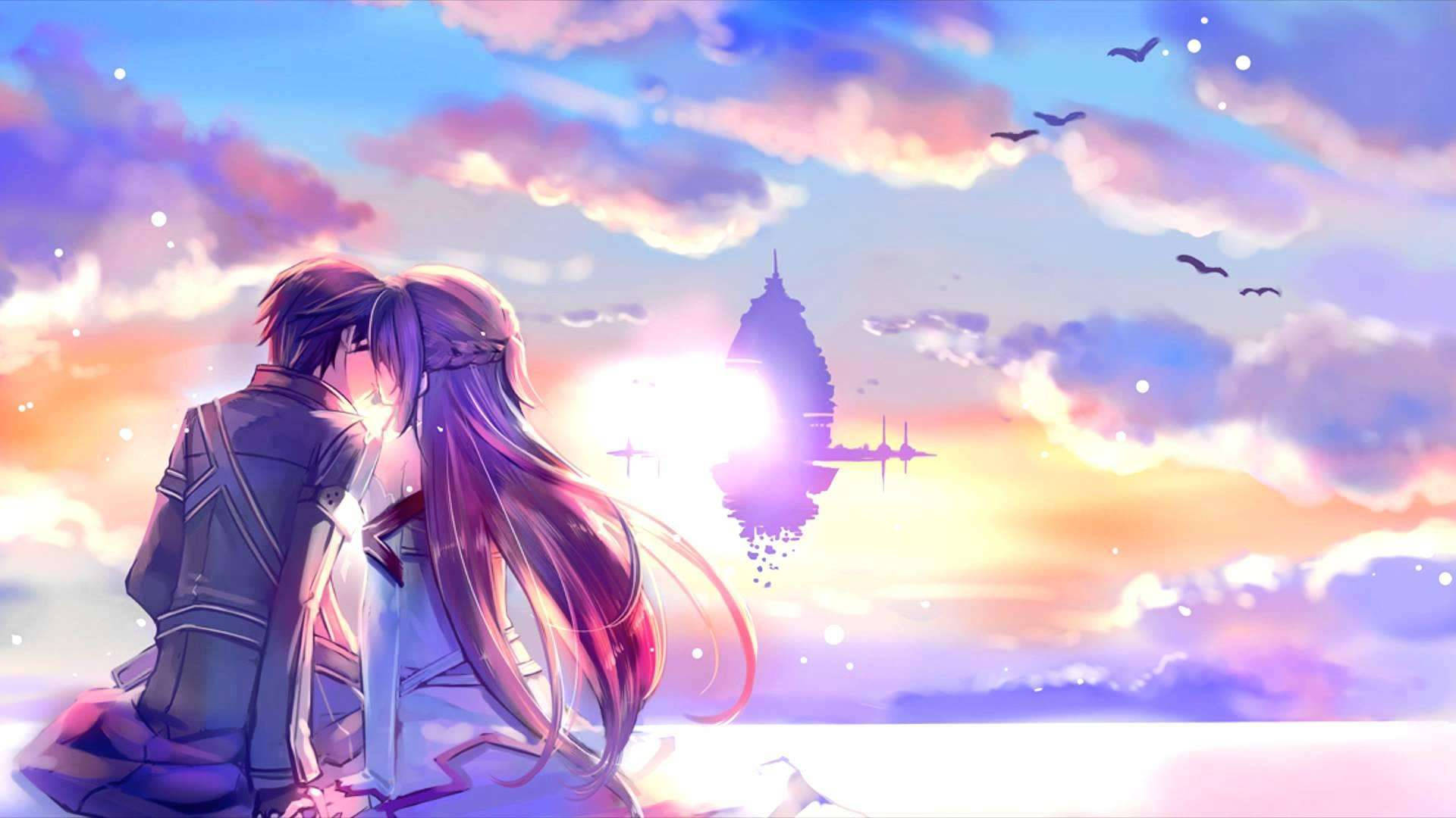 anime couple, vibrant sunset sky, floating castle silhouette, Full HD Desktop Wallpaper