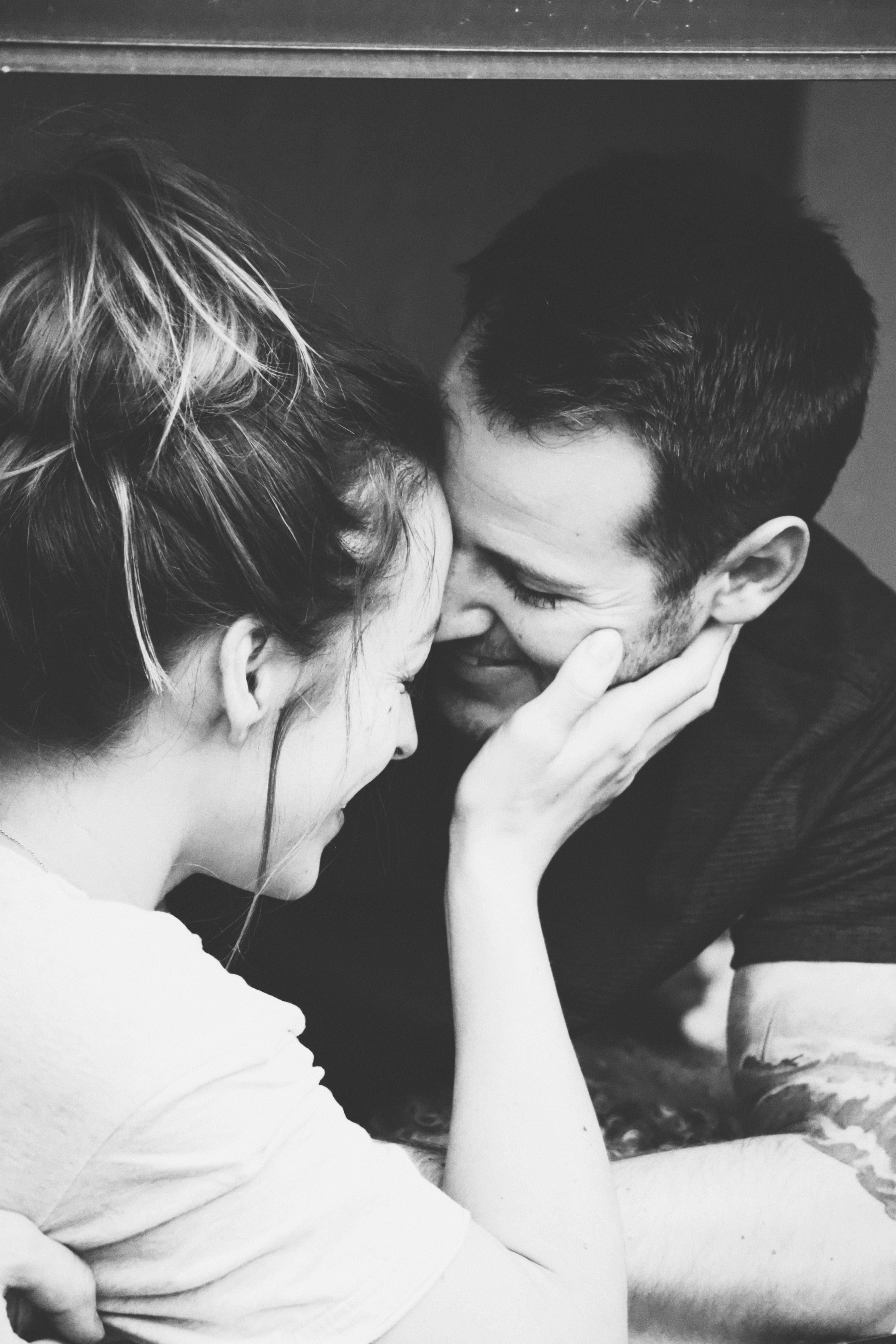 couple, black and white, foreheads touching, 5K Phone Wallpaper
