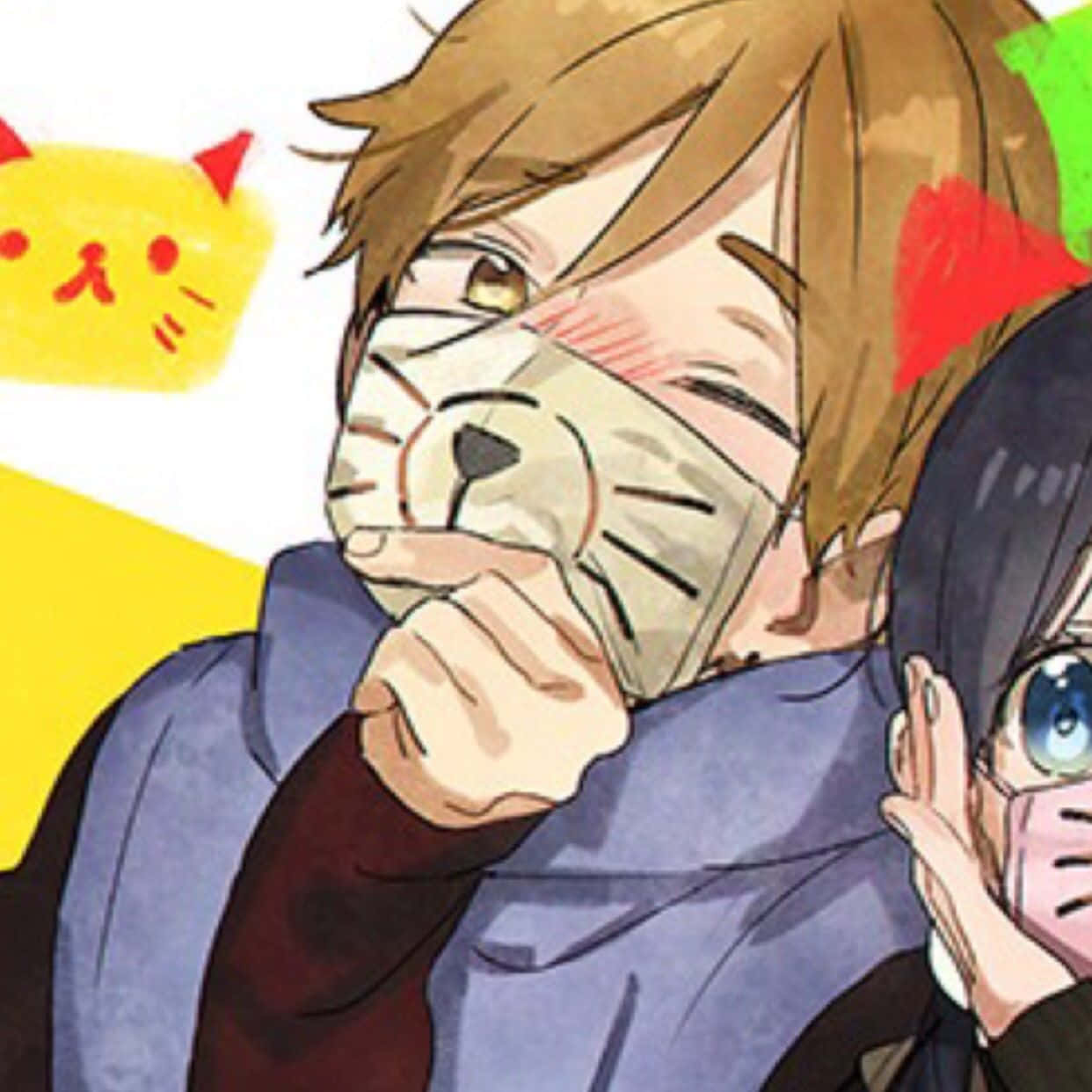 anime characters, cat masks, bright yellow background, SD Desktop Wallpaper