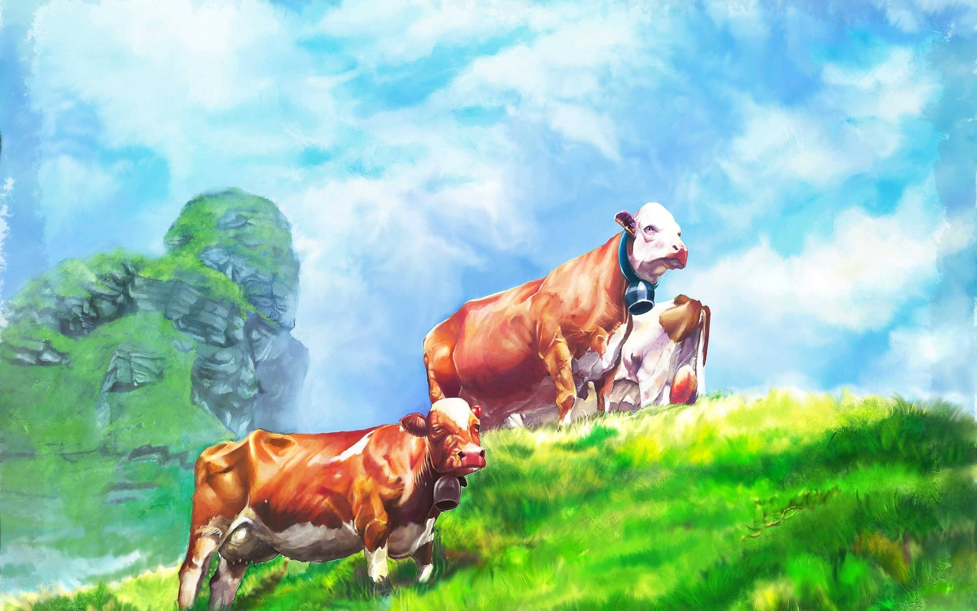 brown and white cows, bells, lush green hill, Full HD Desktop Wallpaper
