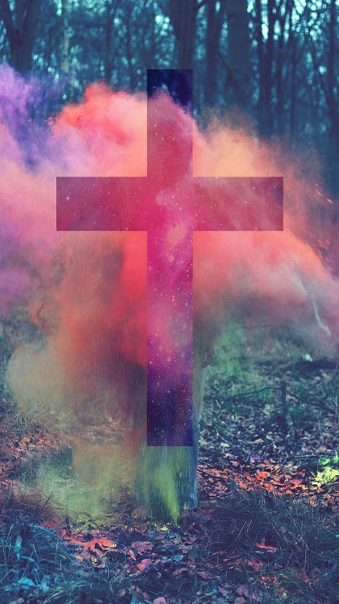 glowing cross, colored smoke, dark forest, Full HD Phone Wallpaper