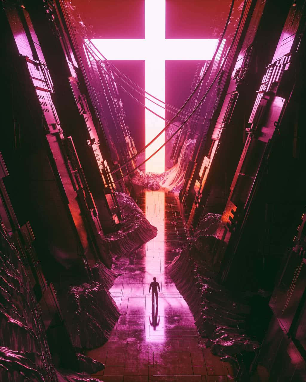cute cross, neon-lit alley, glowing cross, HD Phone Wallpaper