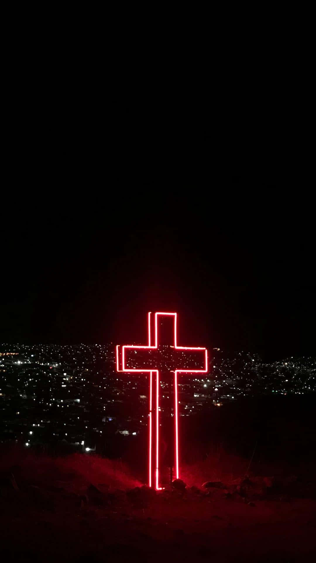 glowing red neon cross, hill, sprawling cityscape, Full HD Phone Wallpaper