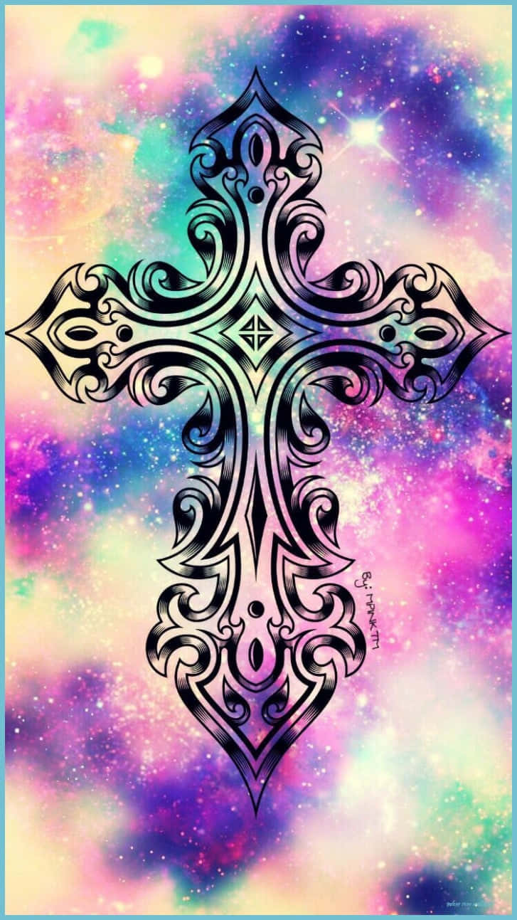 cute cross, black tribal cross, vibrant cosmic nebula, HD Phone Wallpaper