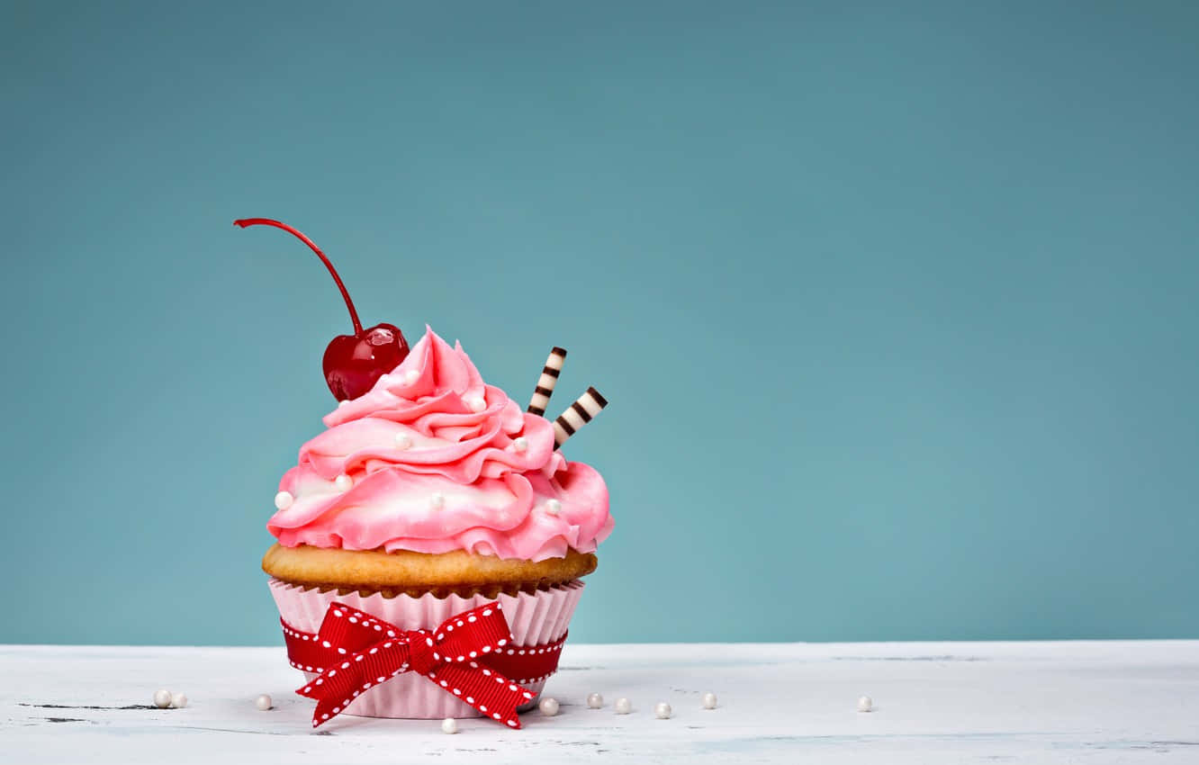 pink frosted cupcake, cherry, striped sticks, HD Desktop Wallpaper