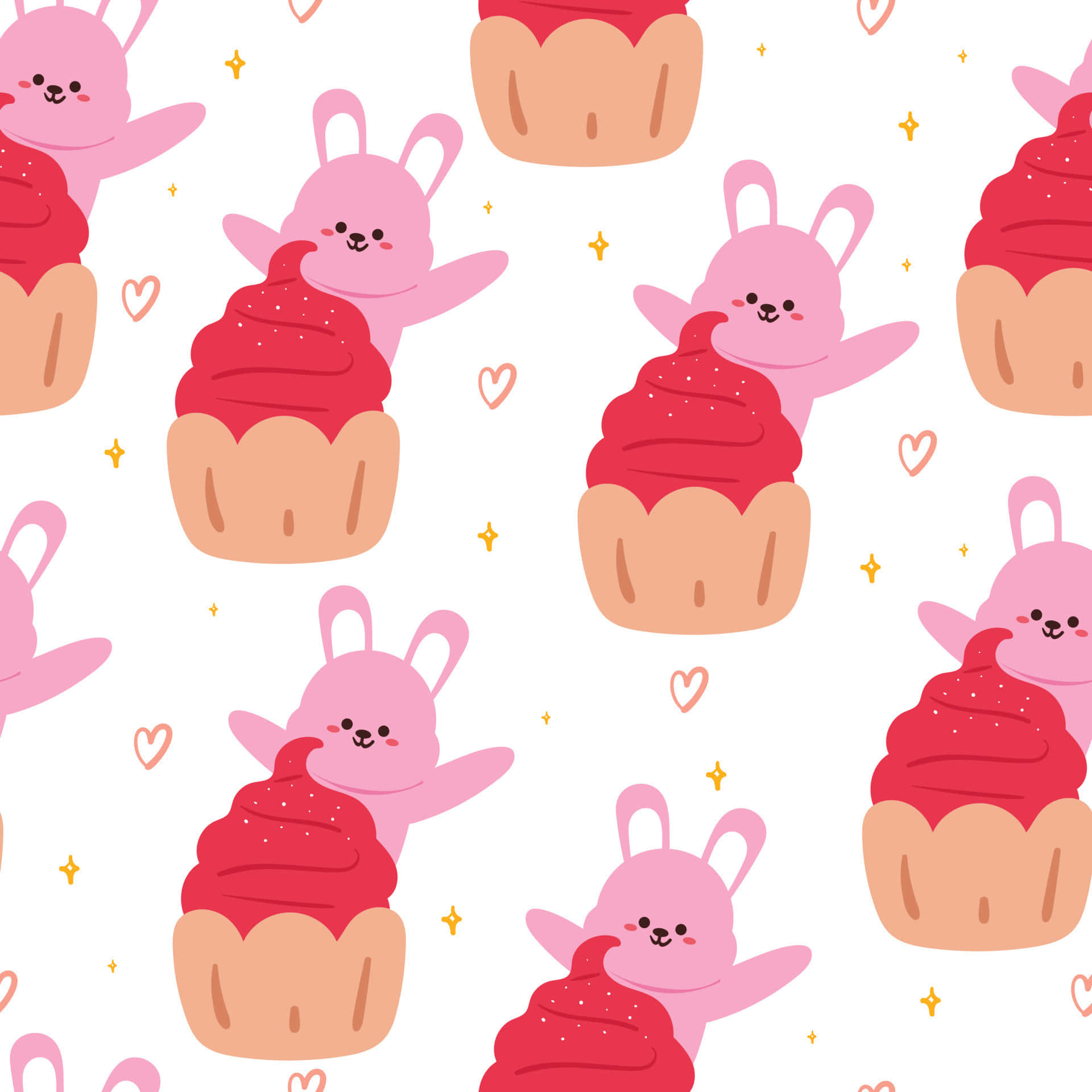 Cute Cupcake, pink bunnies, red-frosted cupcakes, Full HD Desktop Wallpaper
