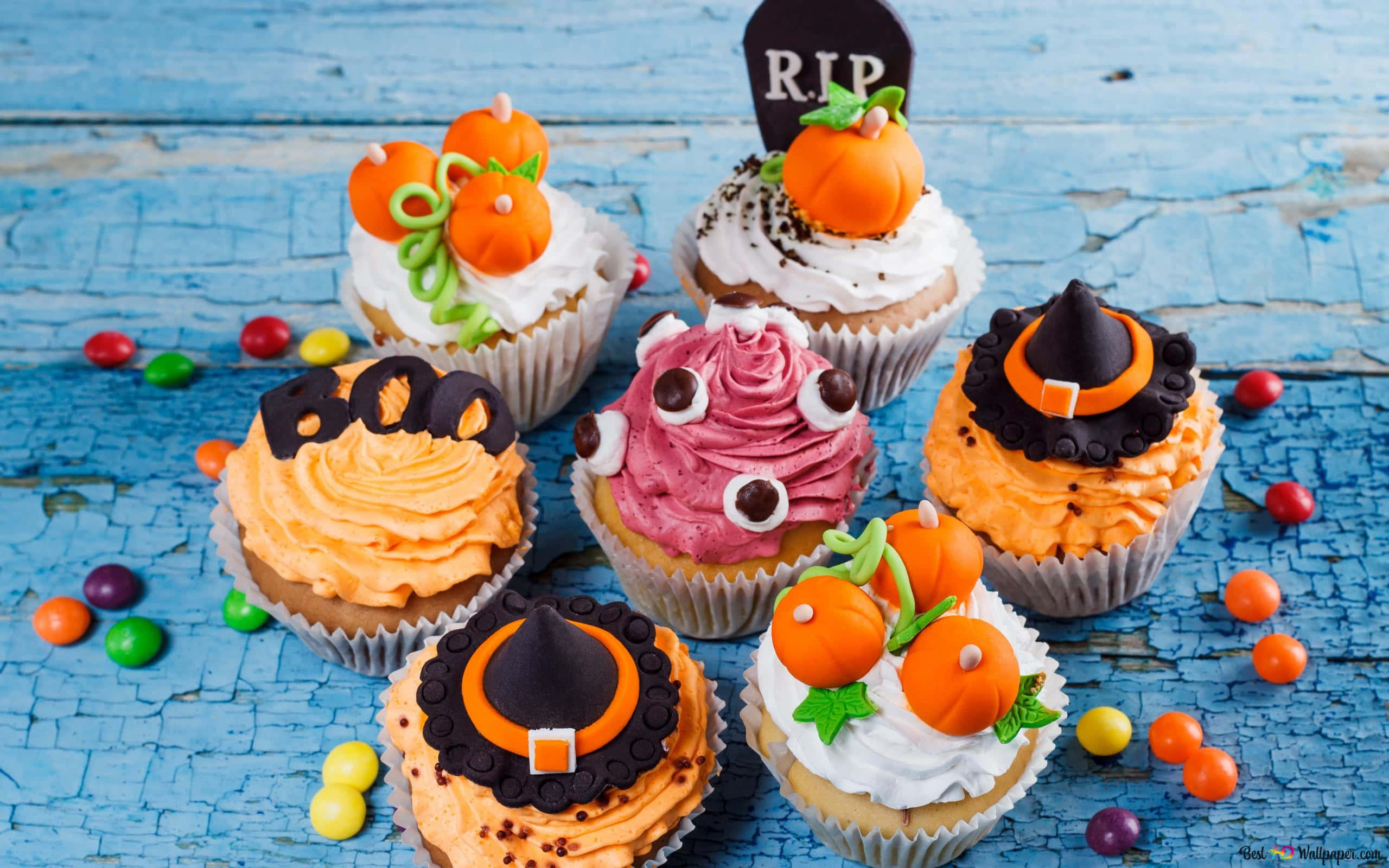 Cute Cupcake, pumpkins, witch hats, 2K Desktop Wallpaper