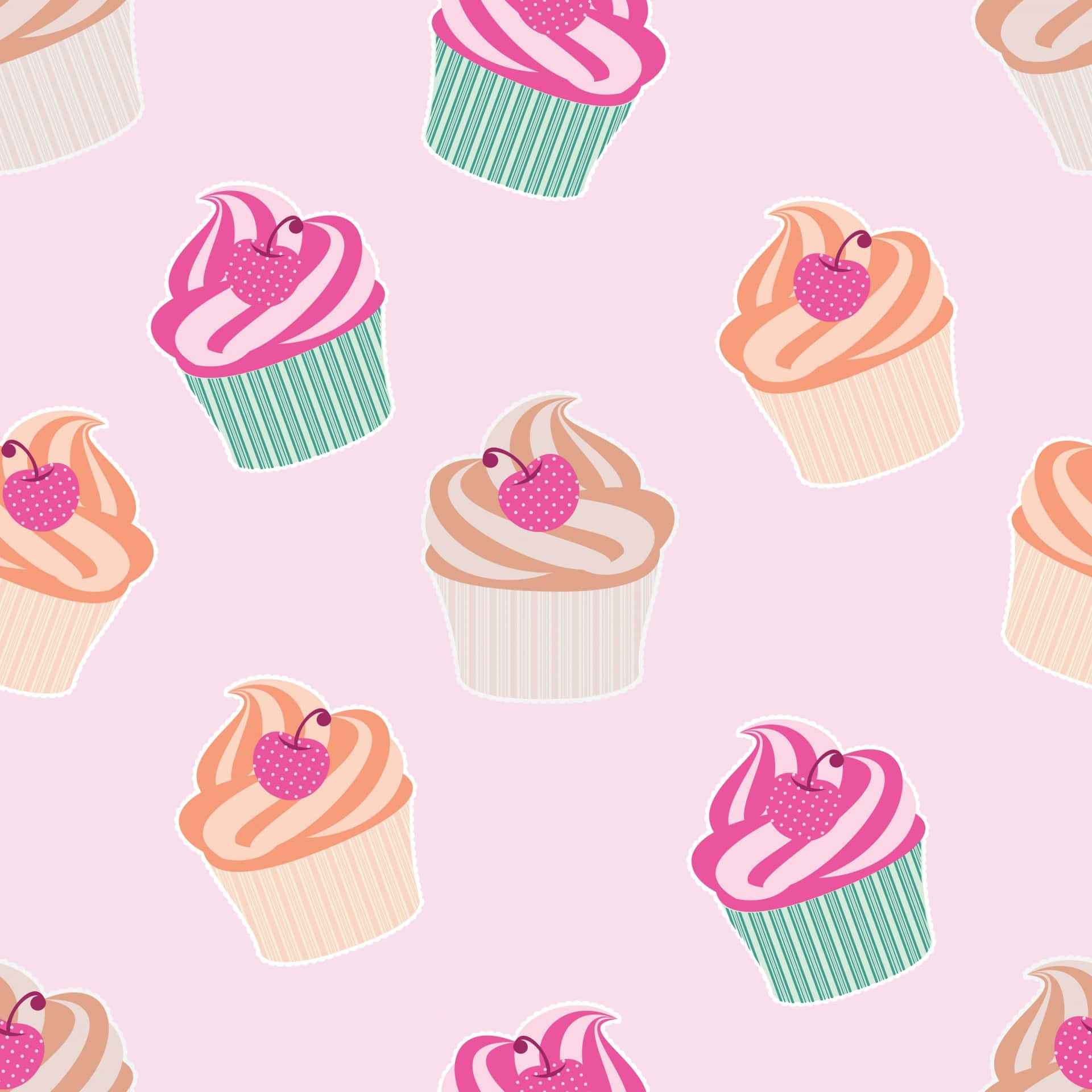 pastel pink background, repeating cartoon cupcakes, swirls, Full HD Desktop Wallpaper