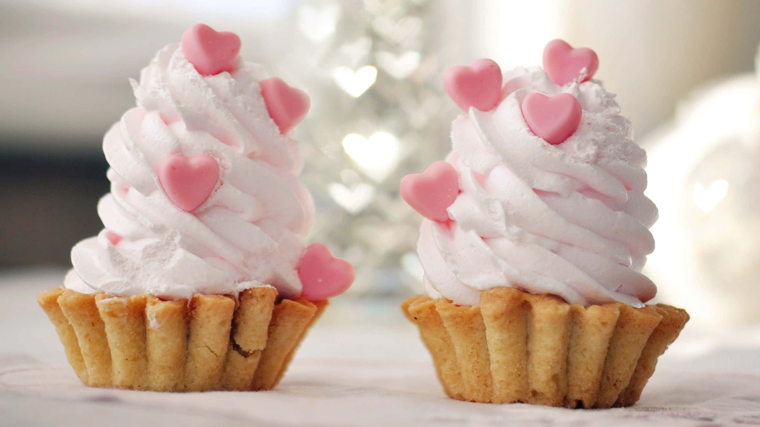 cute cupcake, heart-topped cupcakes, pink frosting, 2K Desktop Wallpaper
