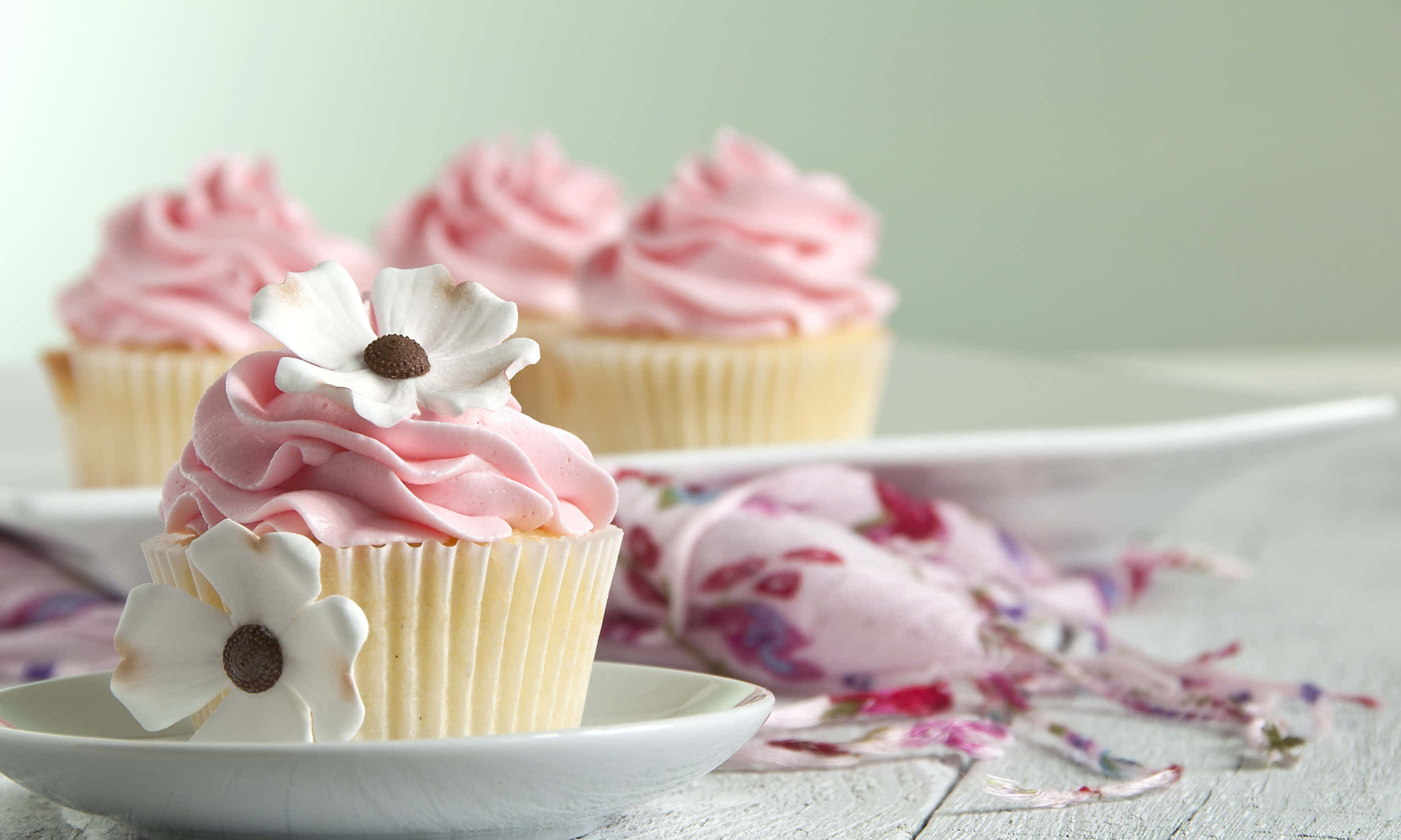 Cute Cupcake, pink frosting, white sugar flowers, 2K Desktop Wallpaper
