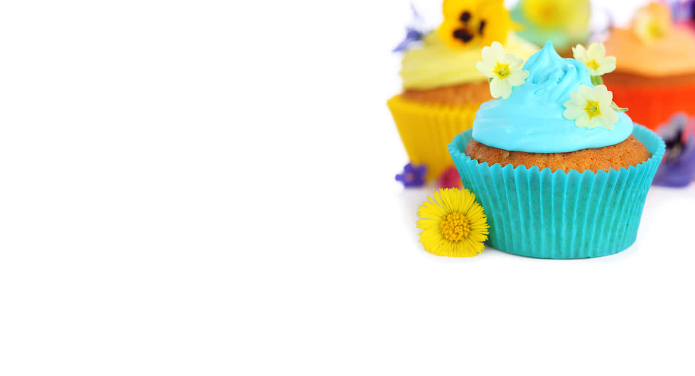Cute Cupcake, vibrant blue frosted cupcake, delicate yellow flowers, HD Desktop Wallpaper
