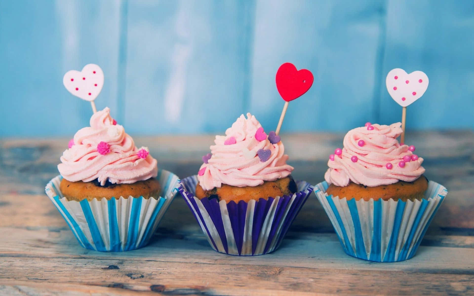 cute cupcake, pink-frosted cupcakes, heart toppers, Full HD Desktop Wallpaper