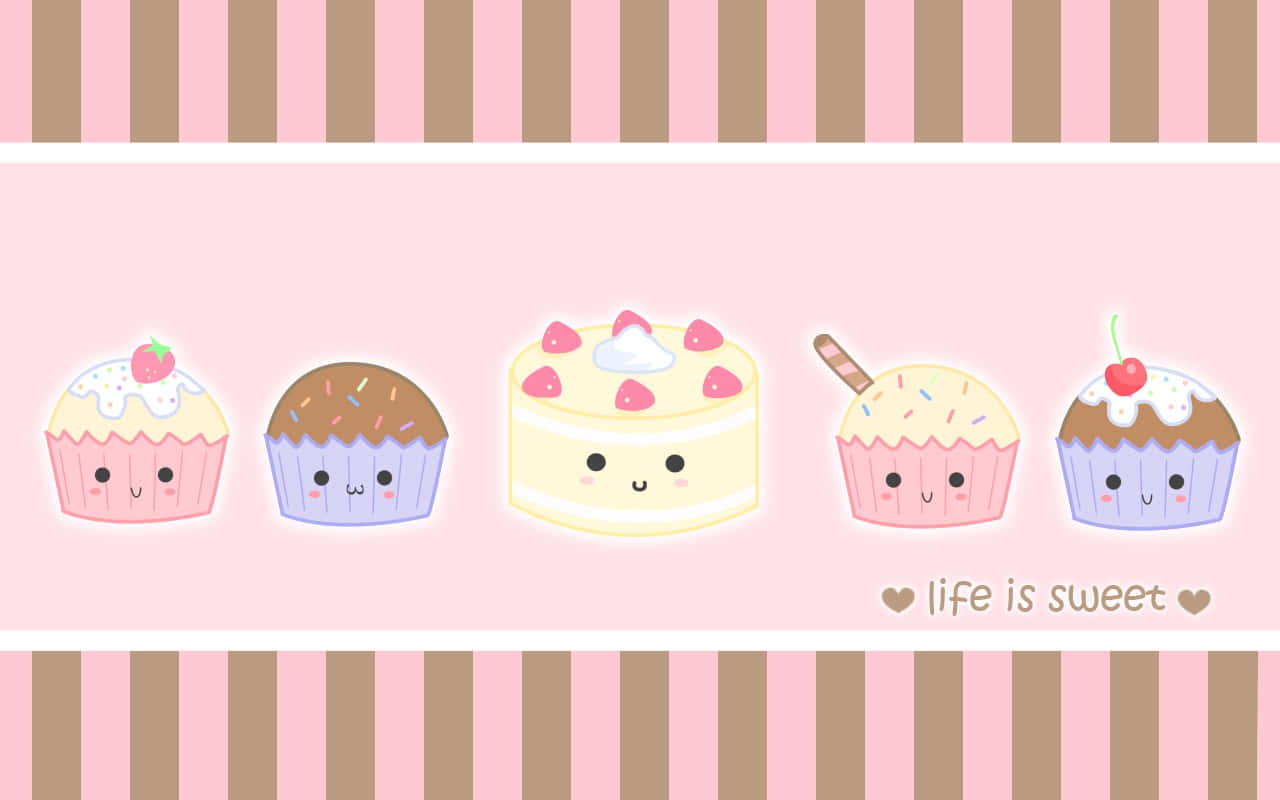 cute cupcake, pink and brown striped background, five cute cartoon cupcakes, HD Desktop Wallpaper