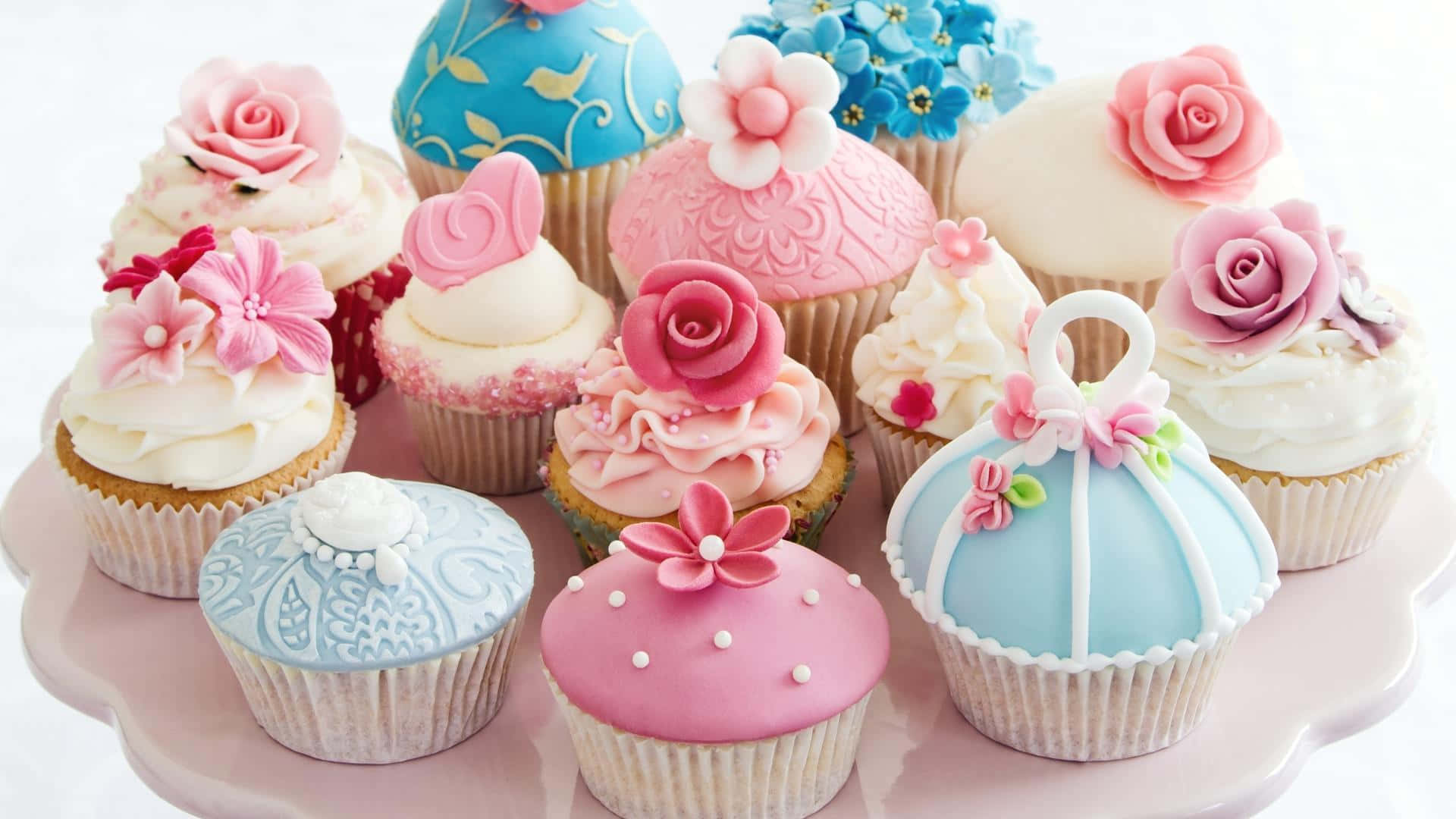 Cute Cupcake, rainbow sprinkles, pink and blue fondant flowers, Full HD Desktop Wallpaper
