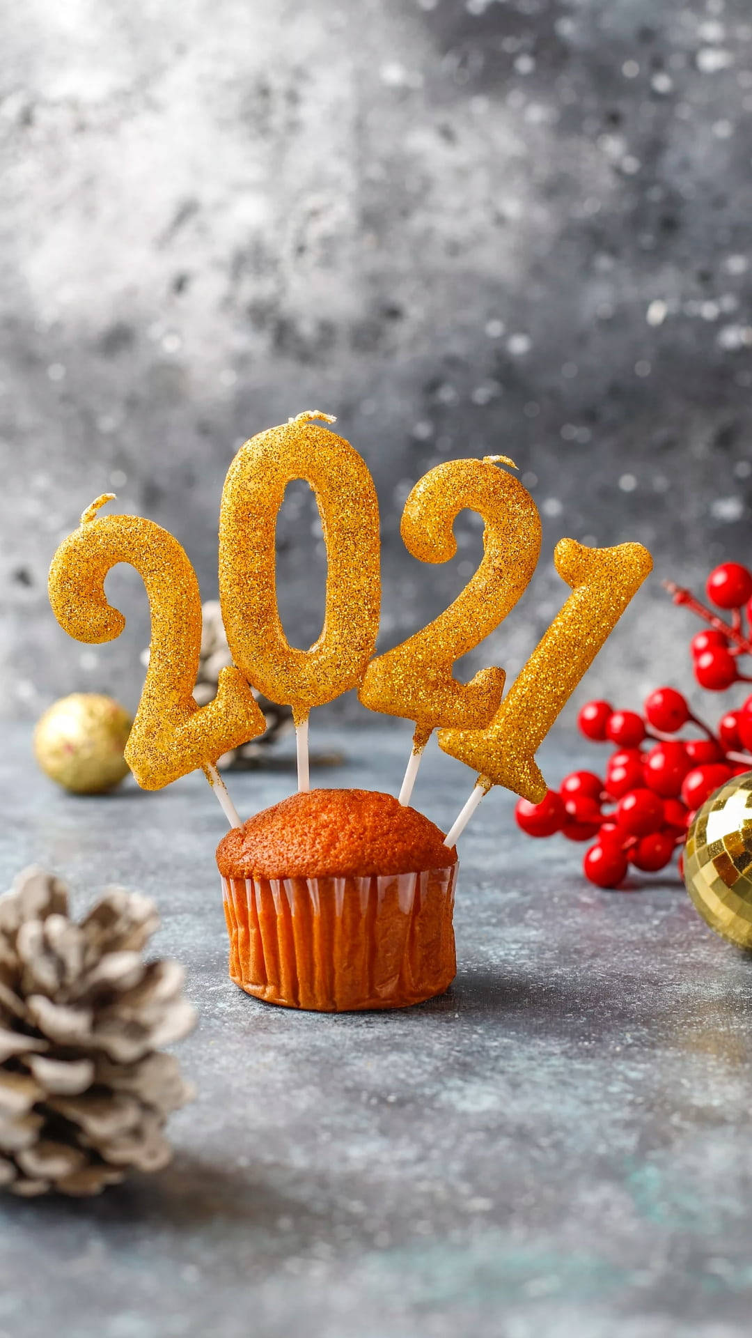 2021 candle topper, golden glittery, warm orange cupcake, Full HD Phone Wallpaper