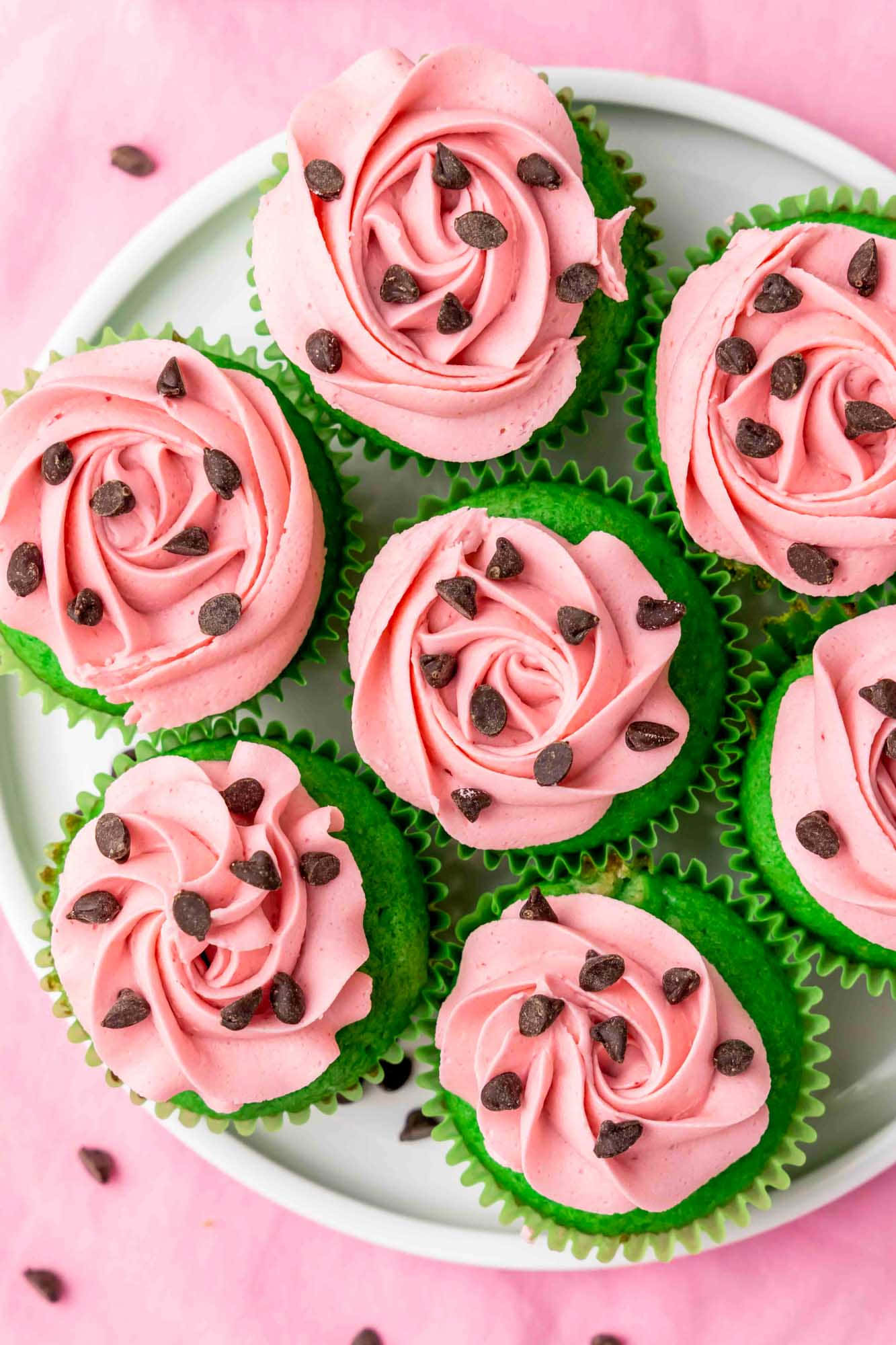 pink cupcakes, green cupcakes, pink rose swirl frosting, Full HD Phone Wallpaper