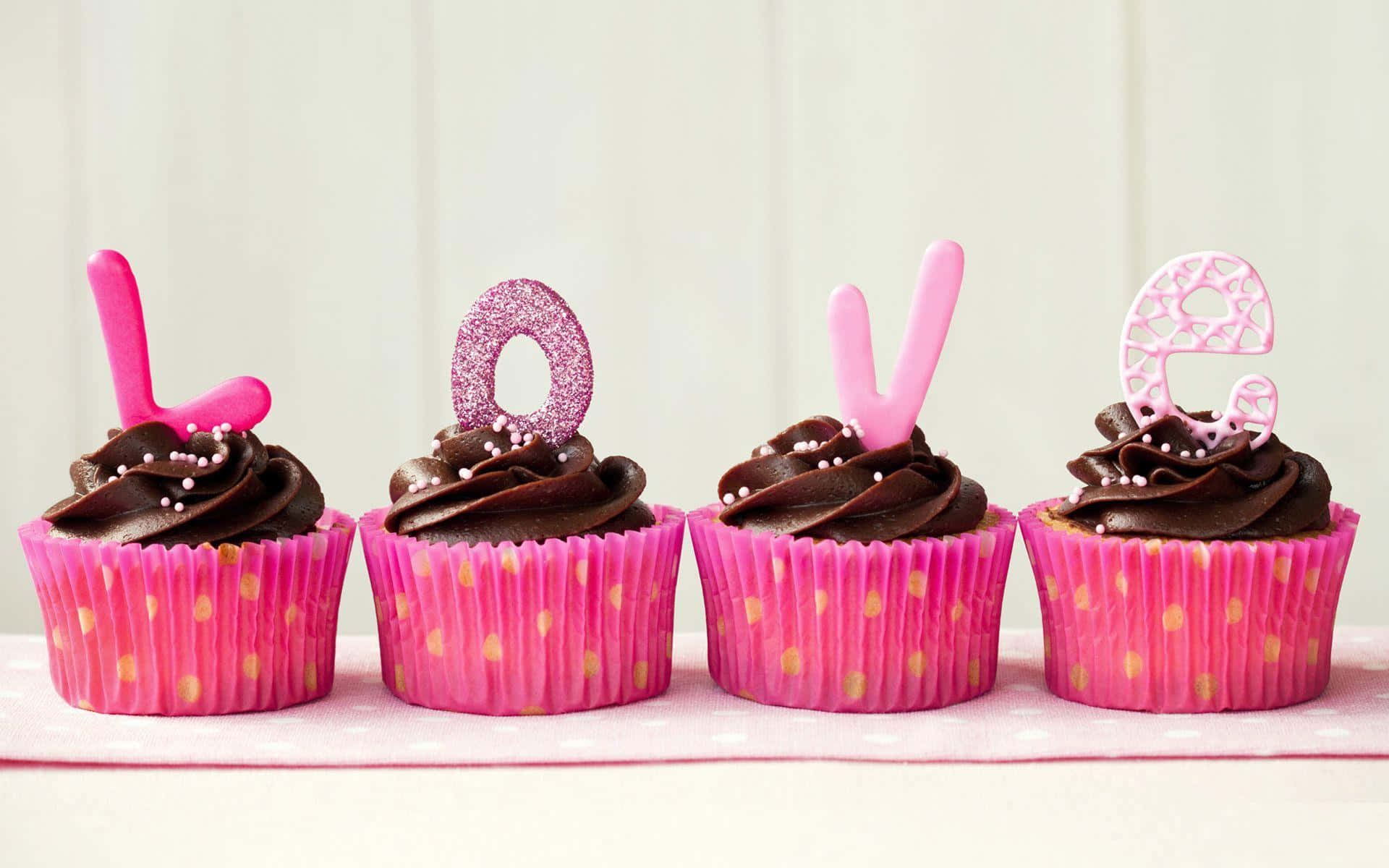 pink polka-dot liners, glittery pink letter toppers, chocolate cupcakes, Full HD Desktop Wallpaper