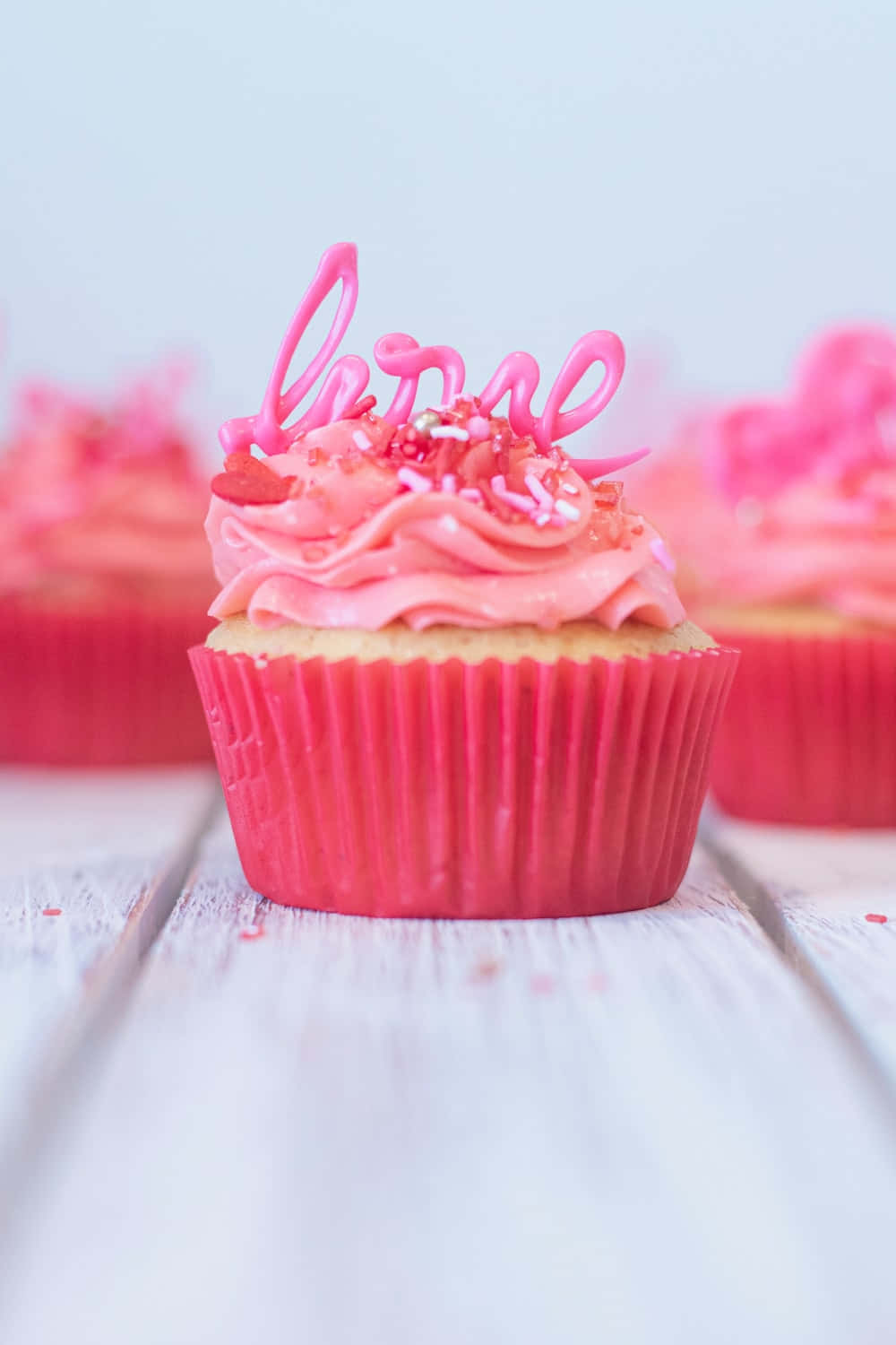 pink cupcake, love written in pink icing, sprinkles, HD Phone Wallpaper