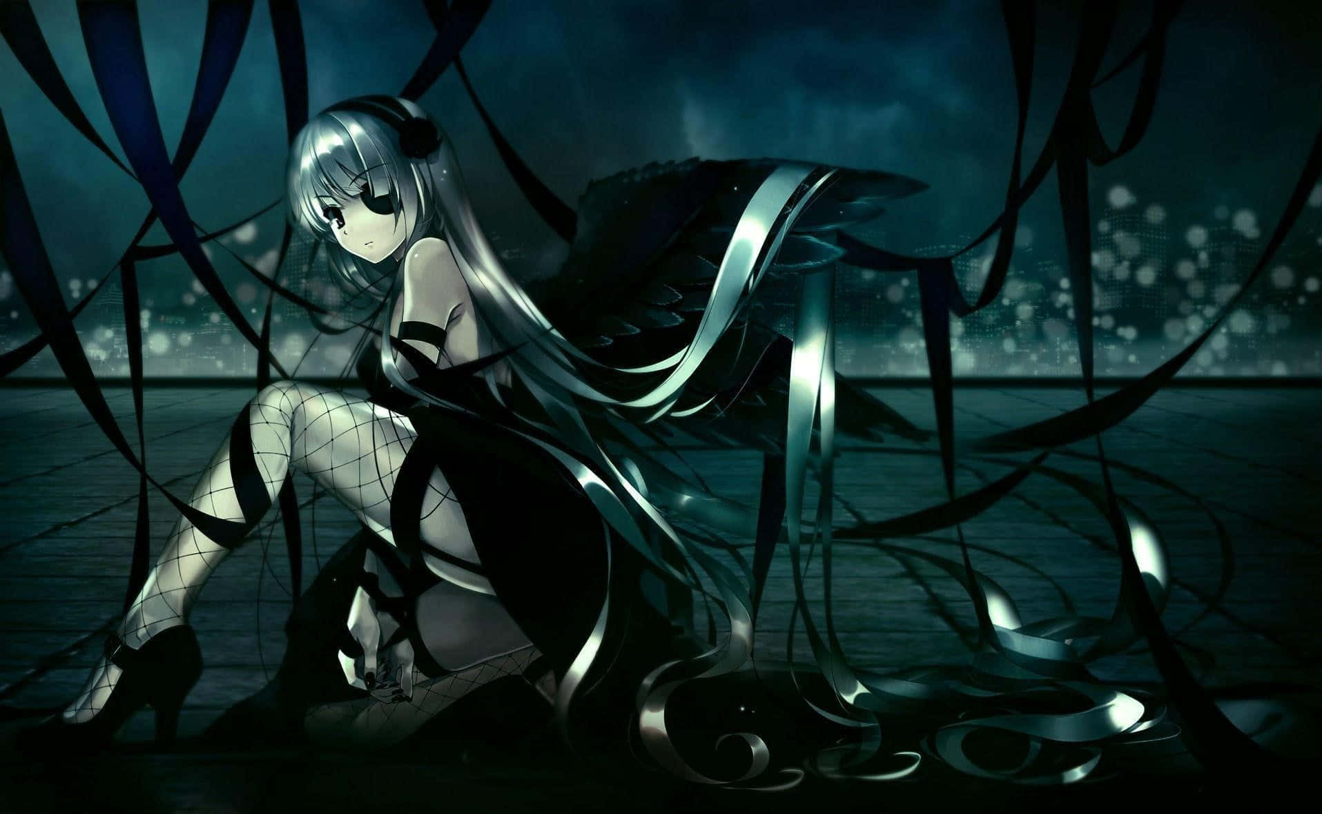 silver-haired anime girl, black wings, dark ribbons, HD Desktop Wallpaper