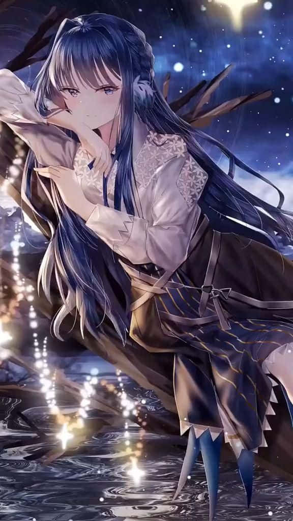anime girl, long dark hair, glowing water, SD Phone Wallpaper
