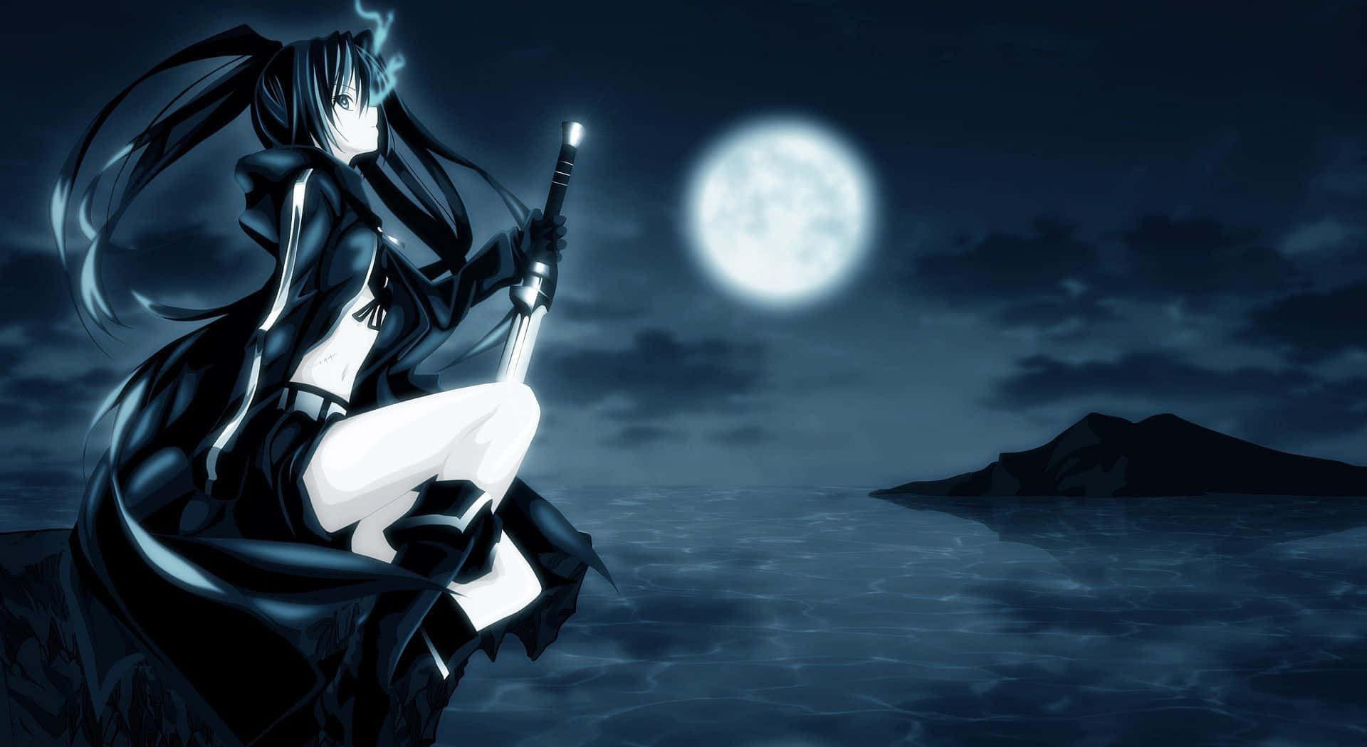Cute Dark Anime, dark-haired anime girl, black and white outfit, Full HD Desktop Wallpaper