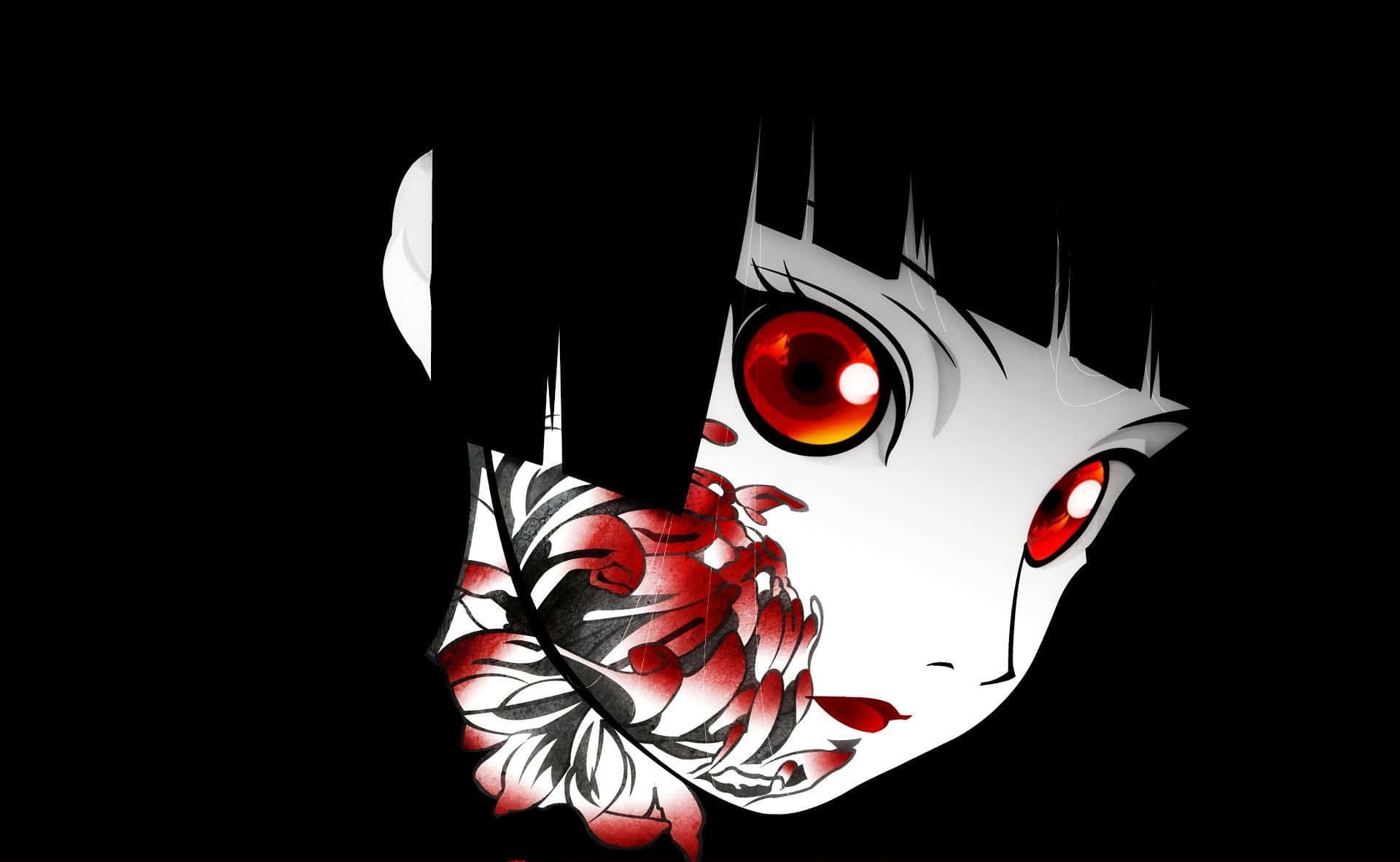 haunting anime girl, glowing red eyes, half-transformed face, Full HD Desktop Wallpaper