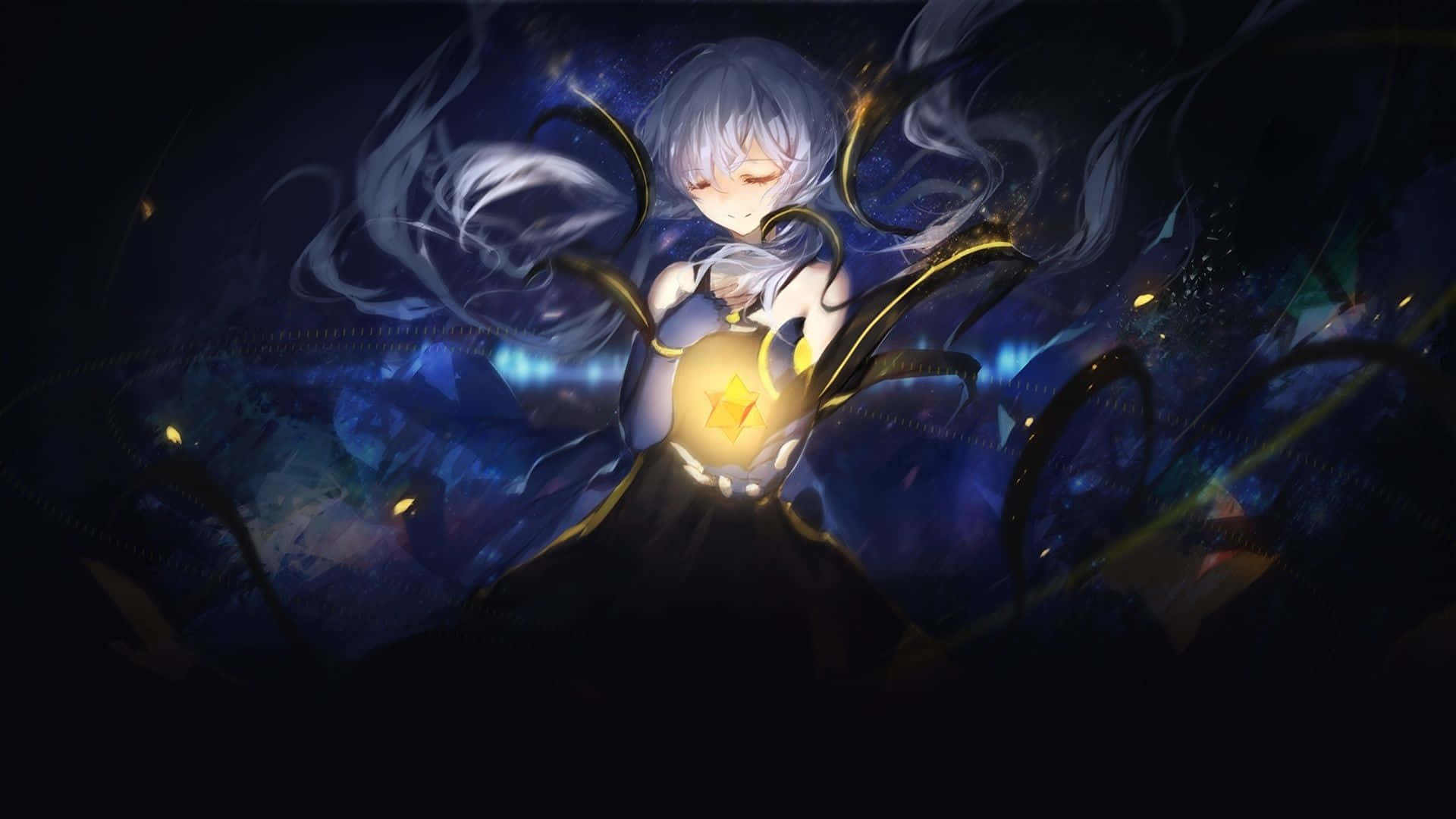 silver-haired anime girl, glowing star, dark cosmic backdrop, Full HD Desktop Wallpaper