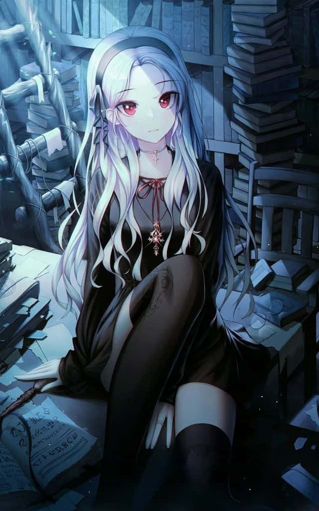 Cute Dark Anime Girl, Gothic Dress, silver hair, SD Phone Wallpaper
