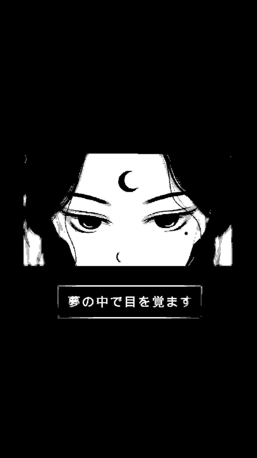 crescent moon mark, black and white anime, Japanese text, Full HD Phone Wallpaper