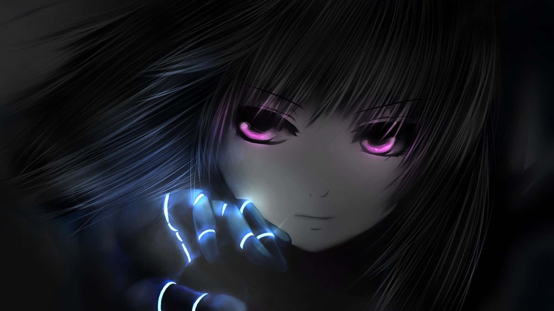 Cute Dark Anime Girl, purple eyes, glowing pink eyes, Full HD Desktop Wallpaper