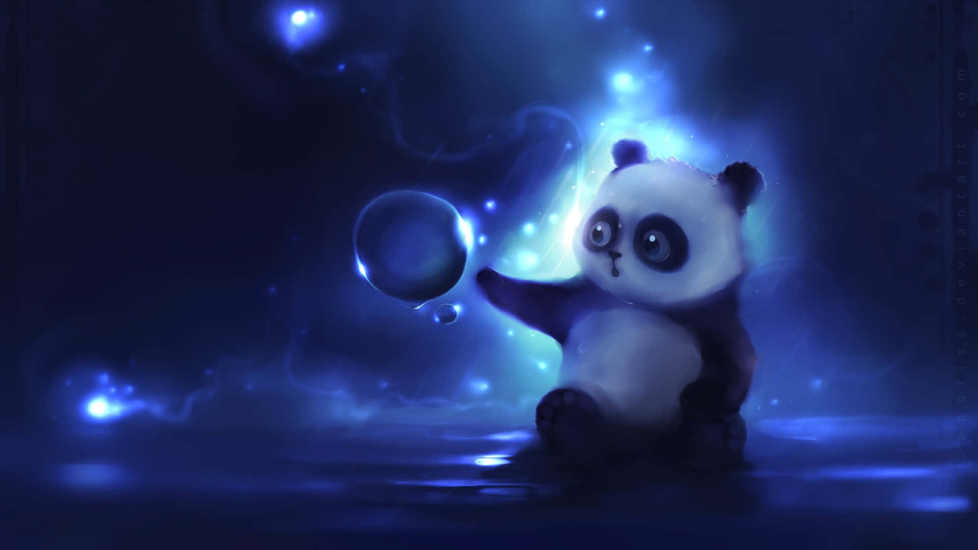 cute panda cub, glowing blue void, translucent bubble, Full HD Desktop Wallpaper