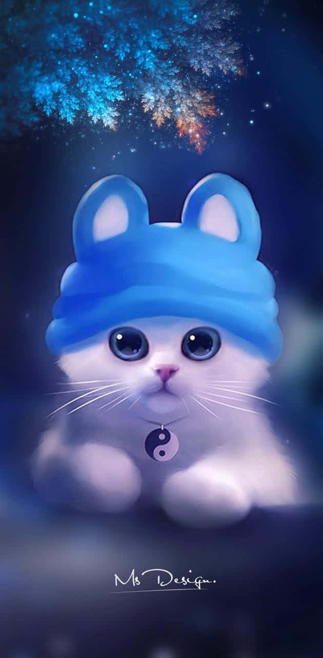 cute dark blue, fluffy white kitten, blue hat with bunny ears, HD Phone Wallpaper