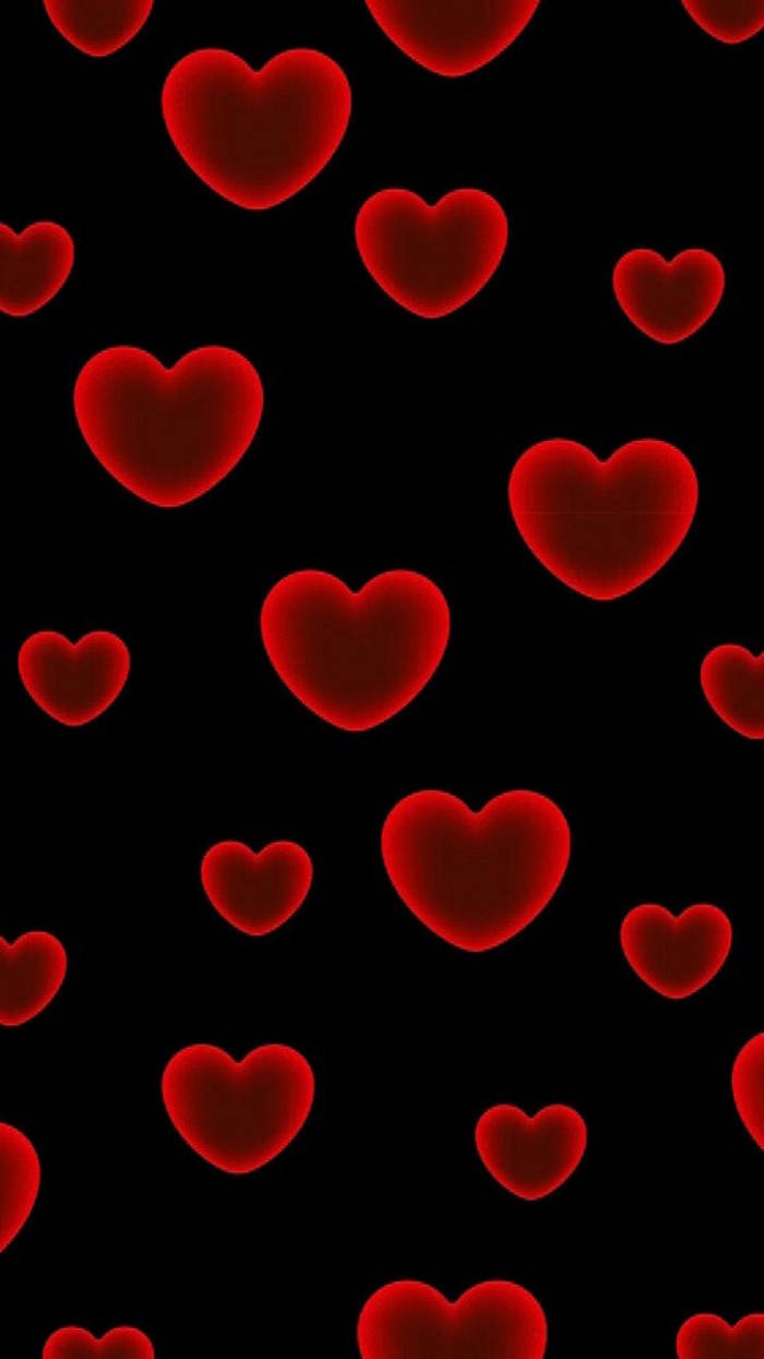 Cute Dark Red Hearts Background, vibrant glowing red hearts, deep black background, SD Phone Wallpaper