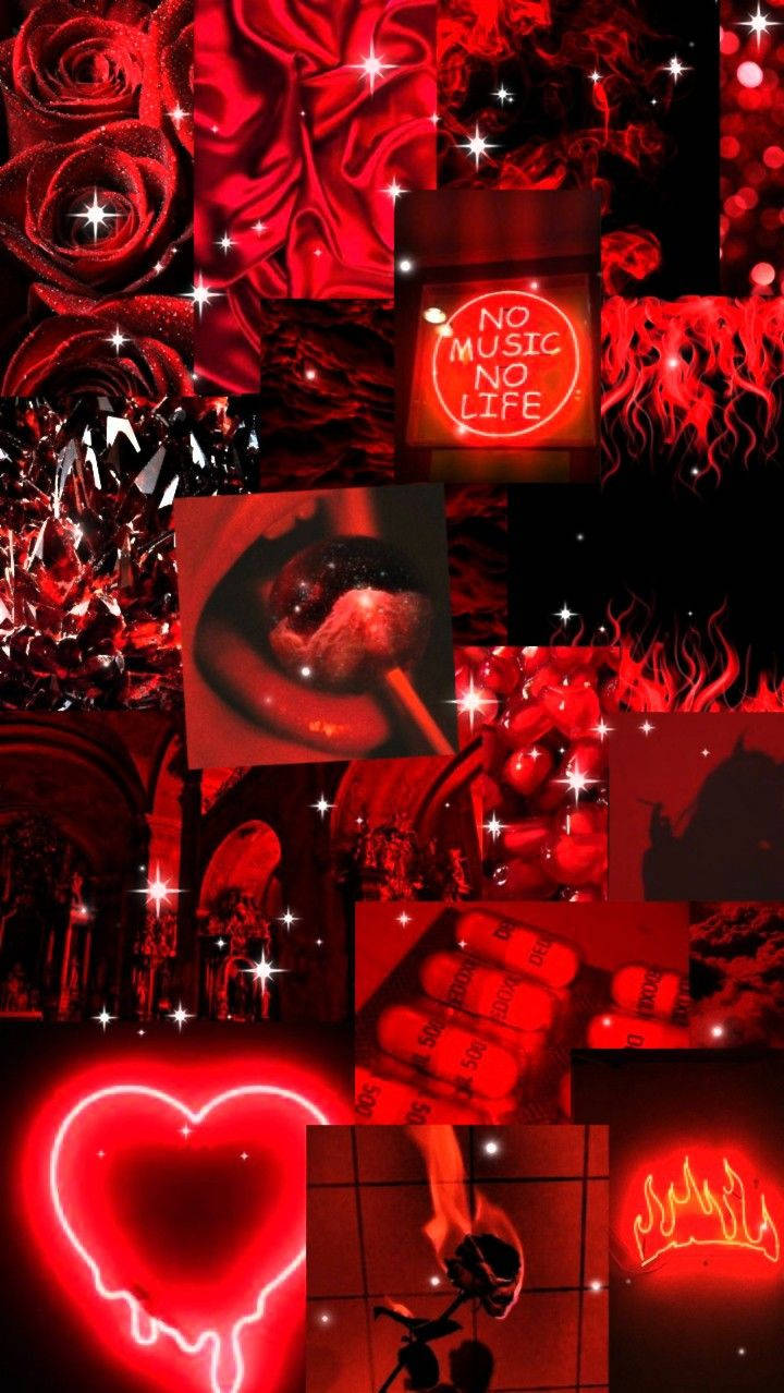 neon cute dark red collage, vibrant red, roses, SD Phone Wallpaper