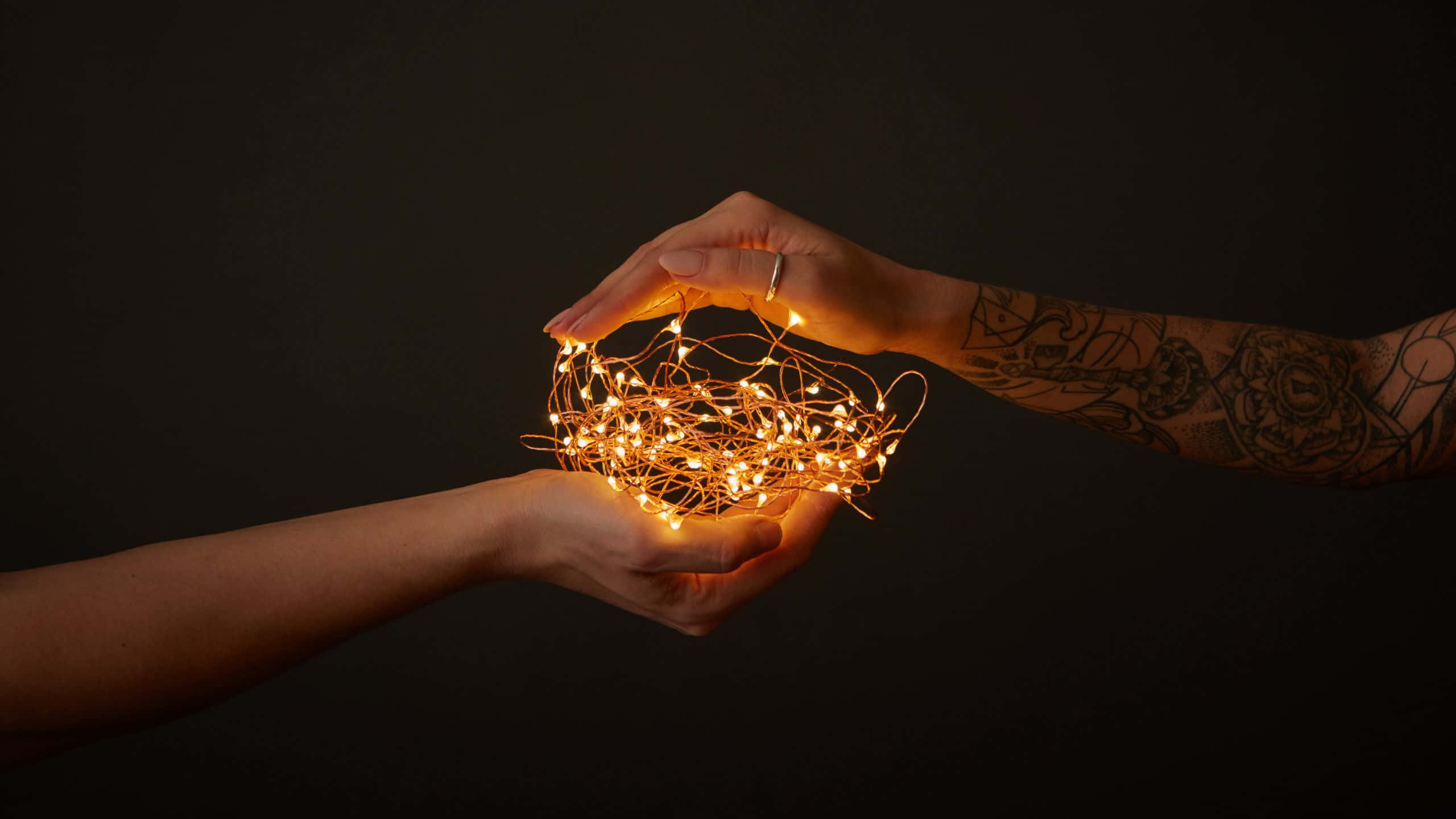 Cute Dark, glowing fairy lights, dark background, 2K Desktop Wallpaper