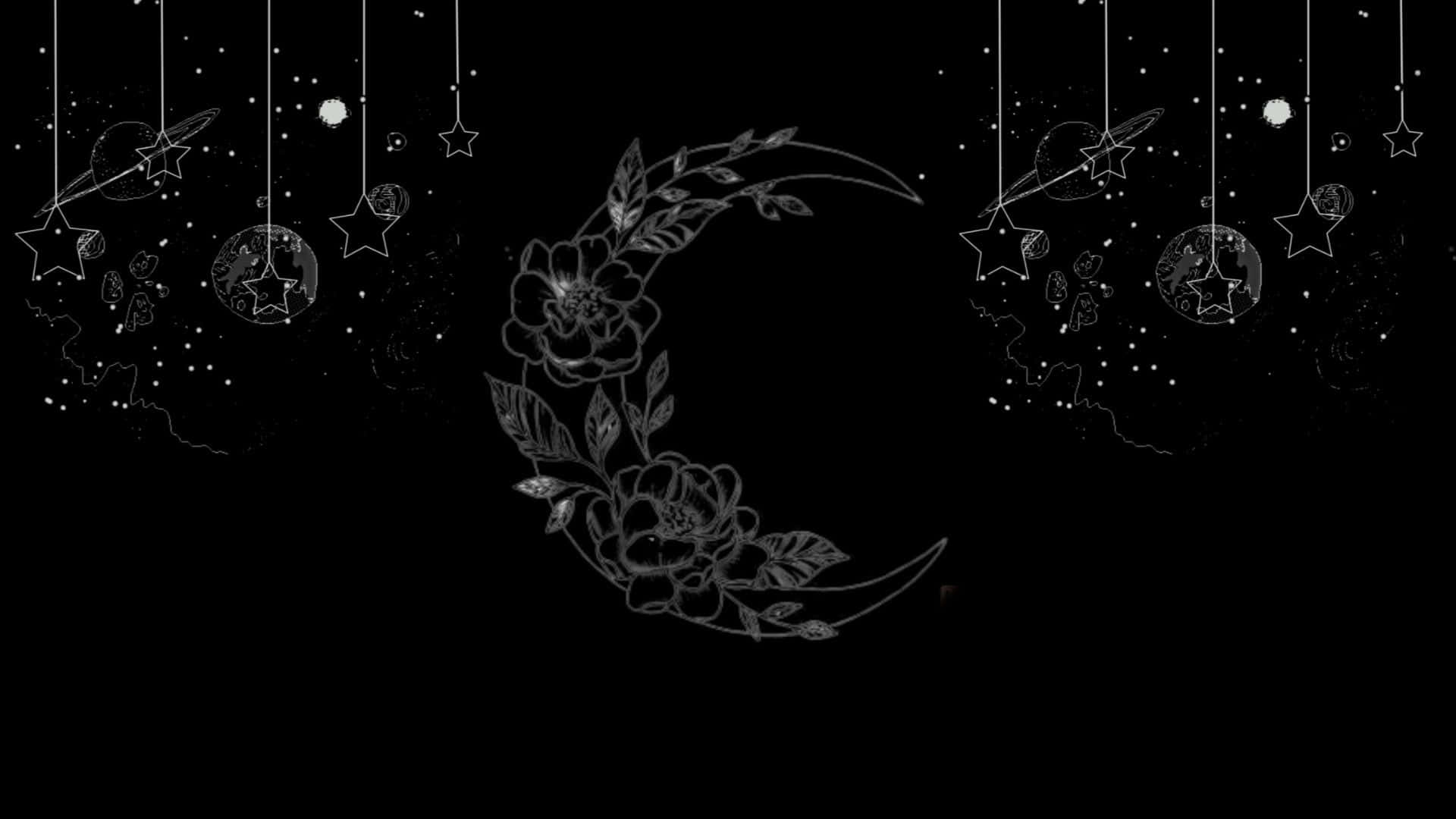 Cute Dark, floral crescent moon, starry night sky, Full HD Desktop Wallpaper