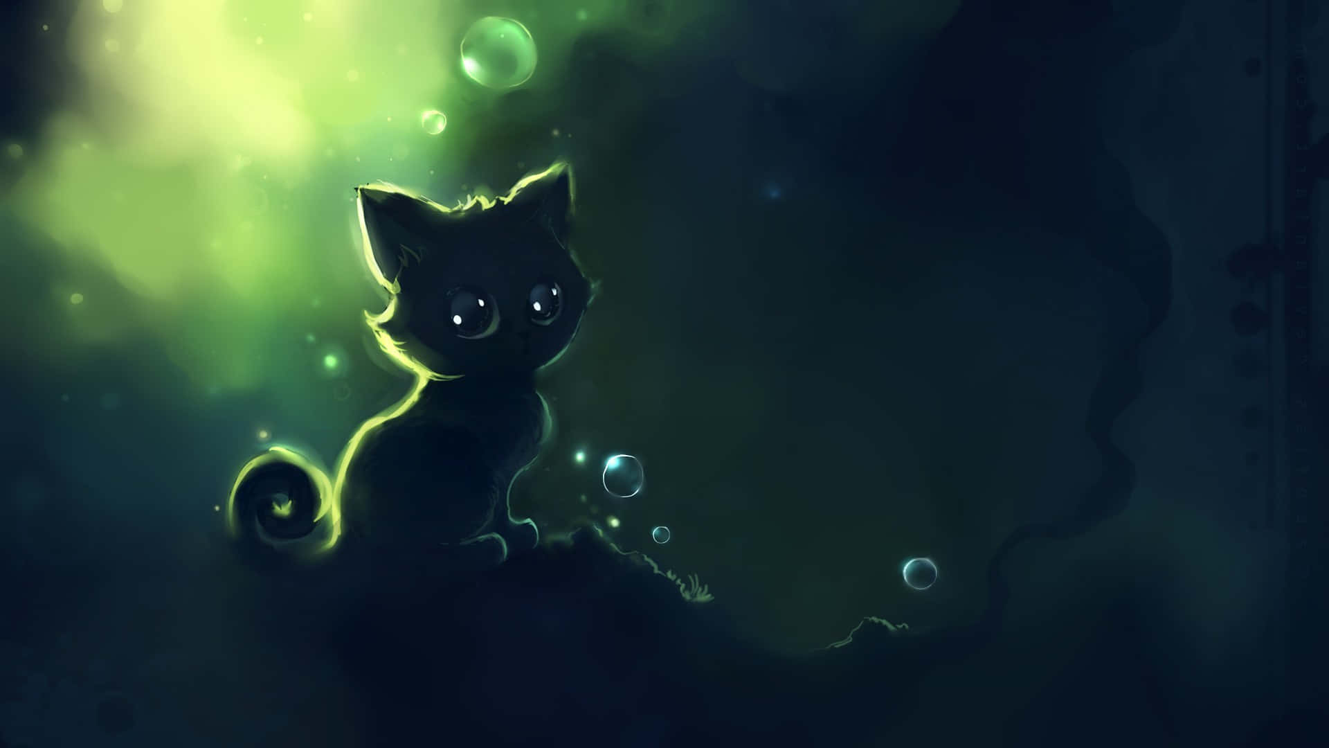 Cute Dark Cat, glowing black kitten, large eyes, Full HD Desktop Wallpaper