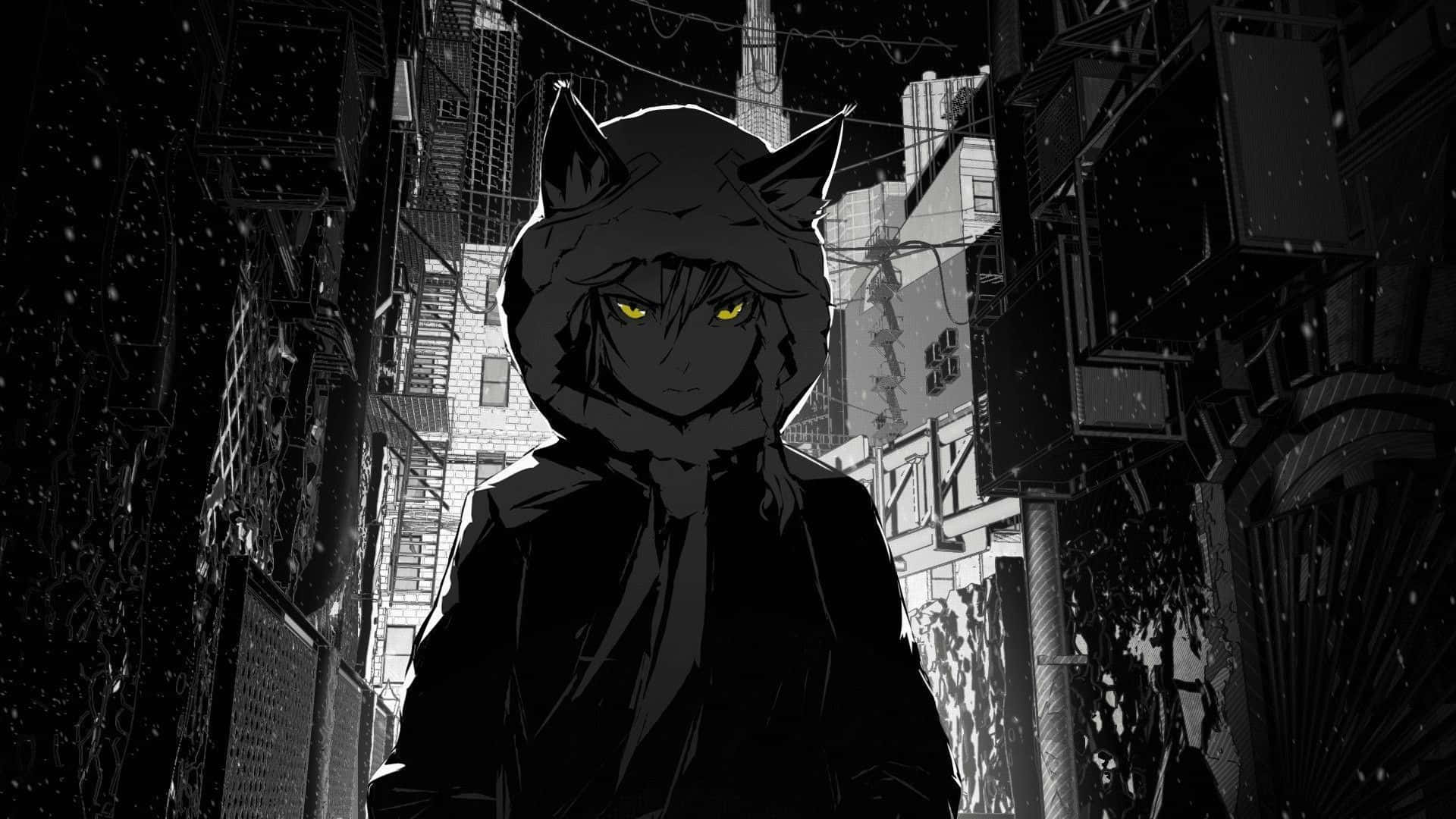 Cute Dark Anime Girl Cat Hoodie, cat-eared anime character, glowing yellow eyes, Full HD Desktop Wallpaper
