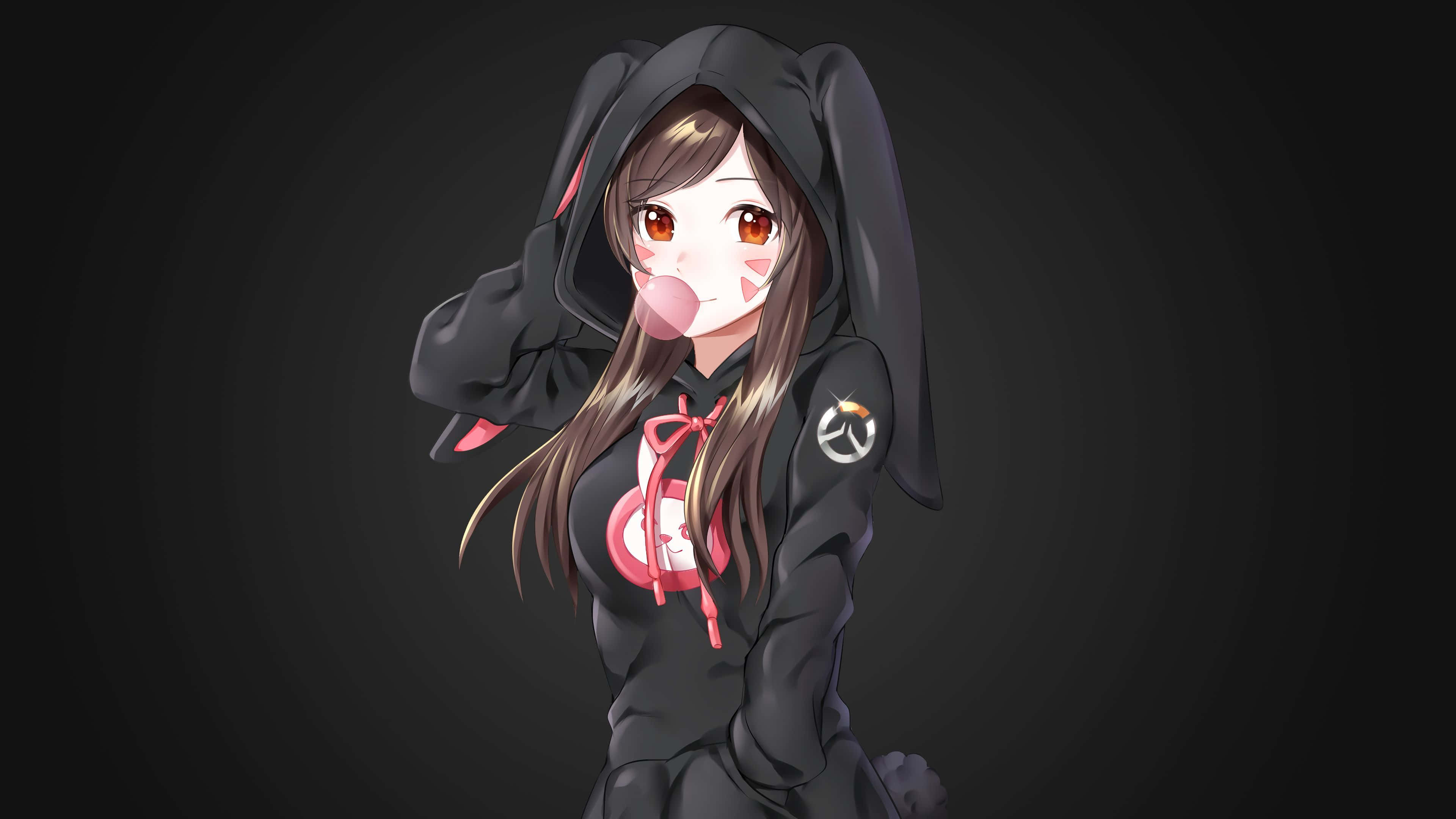 Cute Dark Anime Girl Hoodie, black bunny hoodie, pink accents, 4K Desktop Wallpaper