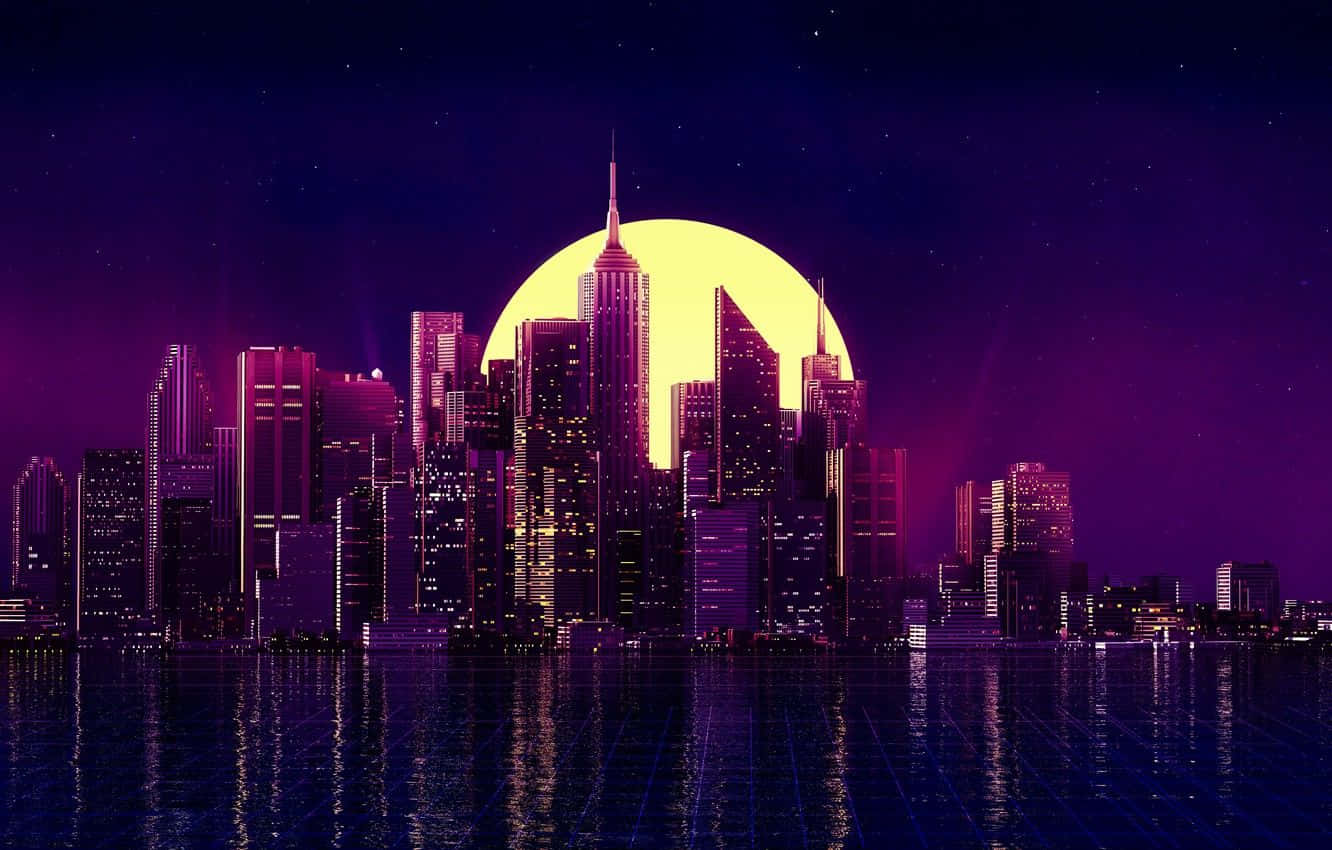 neon-drenched city skyline, giant yellow moon, skyscrapers, HD Desktop Wallpaper